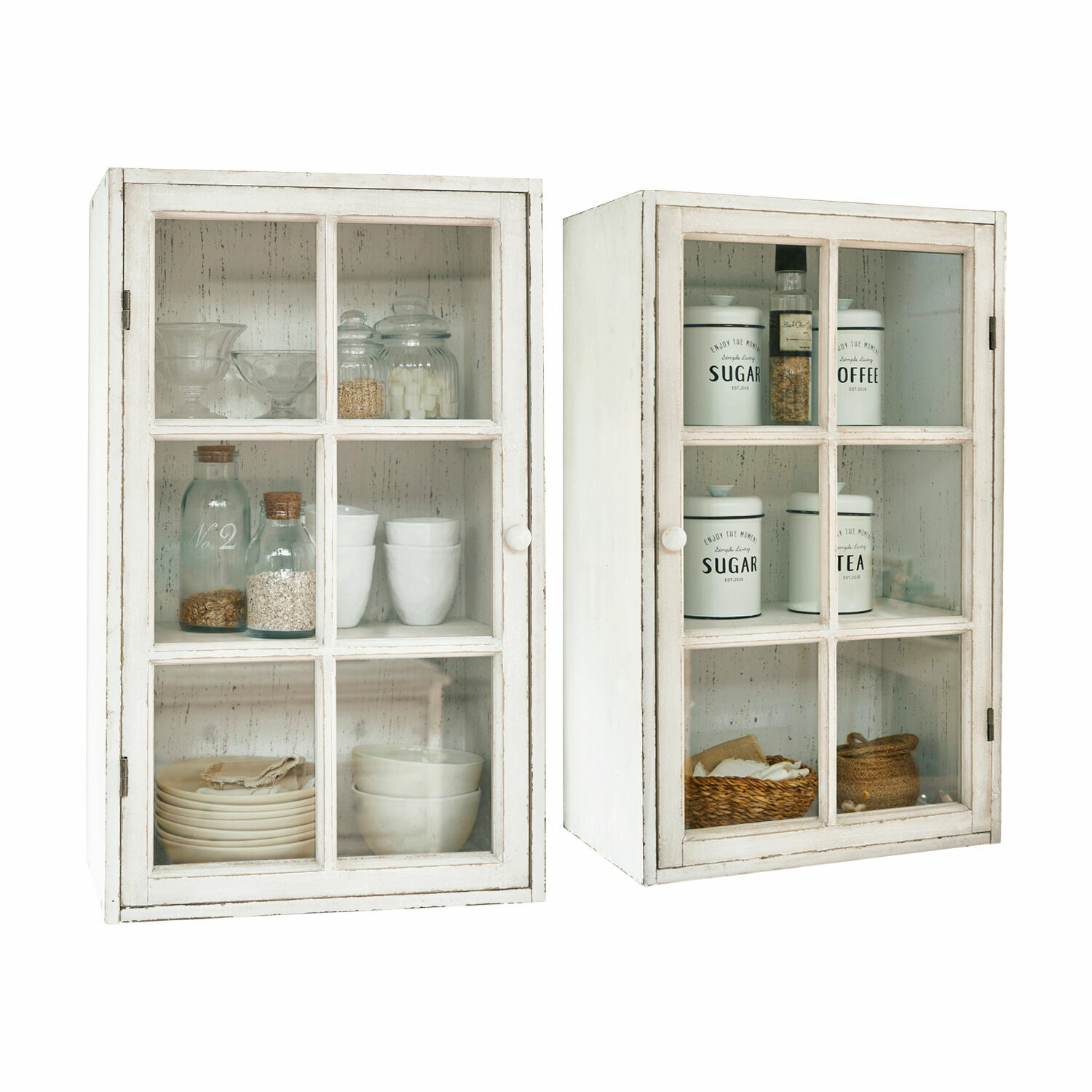 Hängeschrank 2er Set Piavo Weisse Holz-Küchenschränke mit Glastüren und Behältern für Tee und Zucker