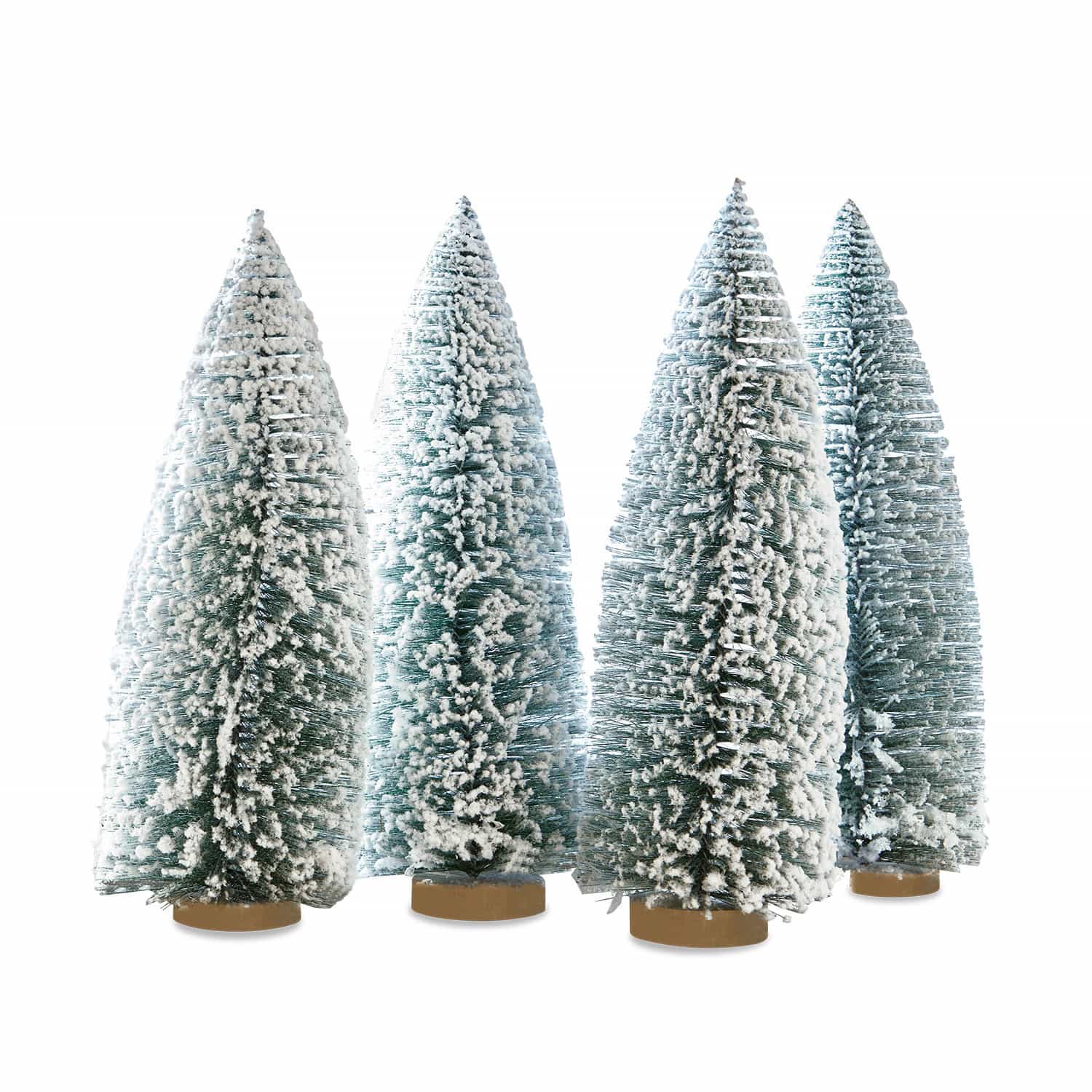 Deko-Baum 4er Set Landscape Vier konische Dekobaum-Modelle aus grünem Kunststoff mit weissem Schnee auf Holzsockel