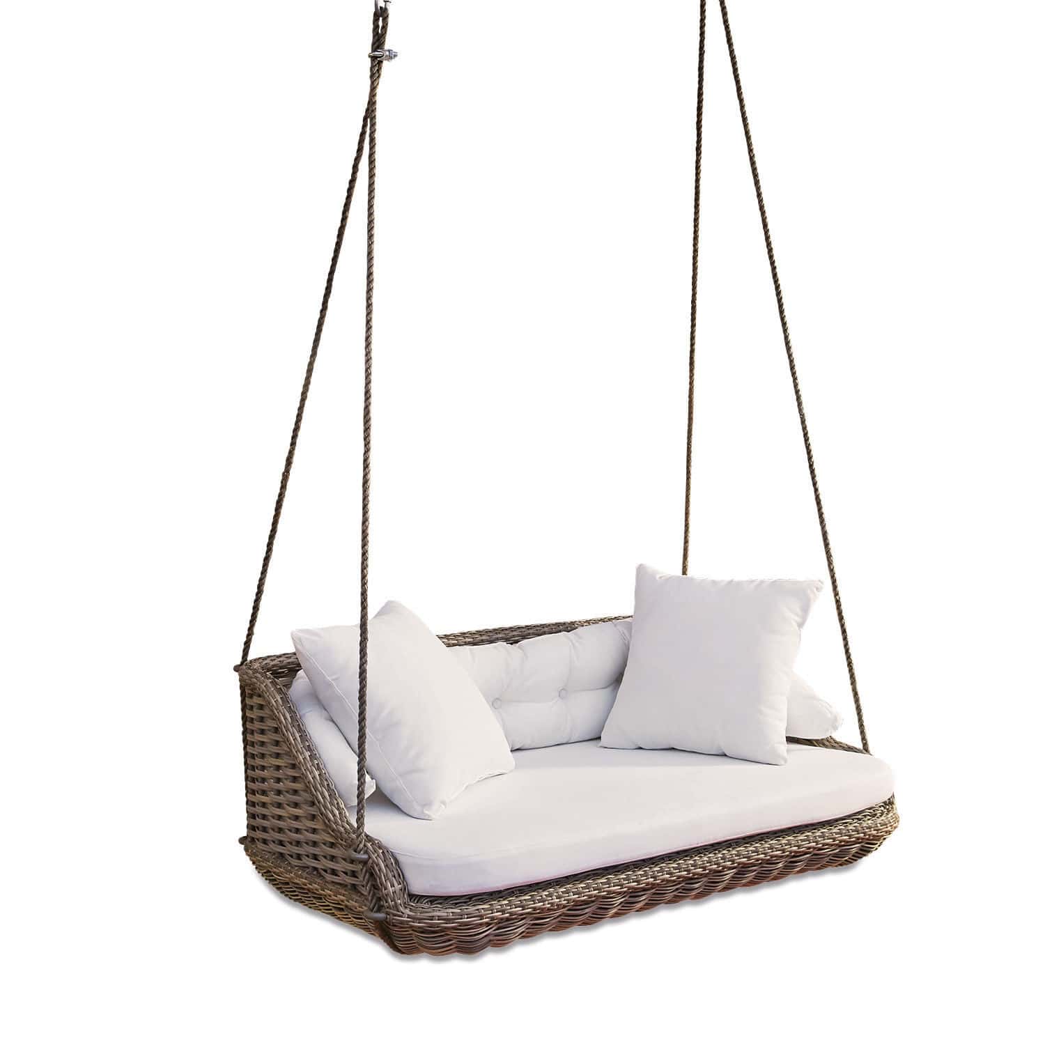 Hängebank Pontrieux Rattanschaukel mit weissen Kissen und weicher Sitzfläche, ideal für Garten und Terrasse