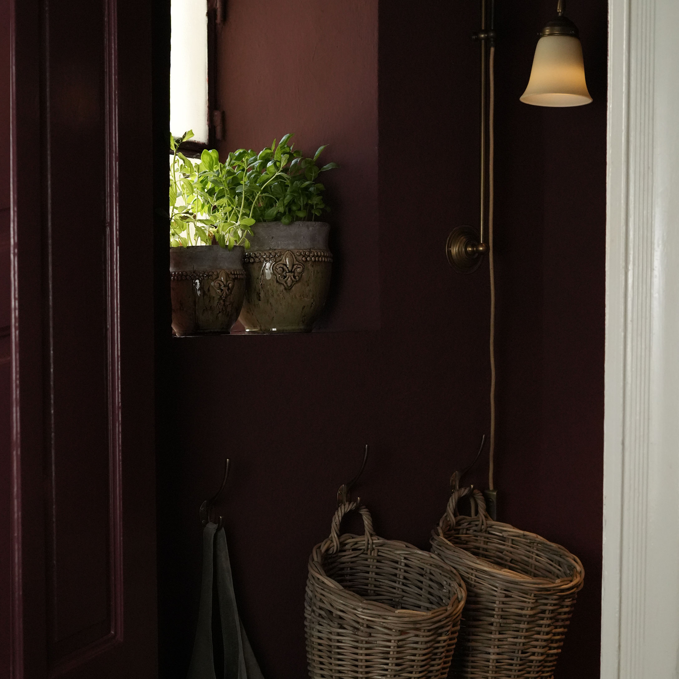 Zwei Keramikblumentöpfe mit grünen Pflanzen vor bordeauxroter Wand und Wandlampe mit mattiertem Glas