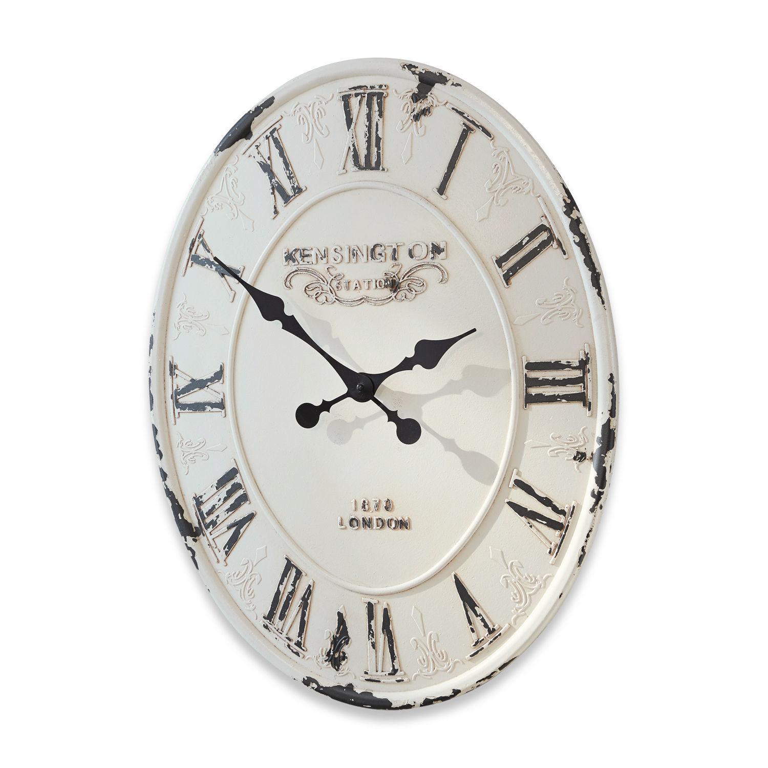 Uhr Soulières Runde Wanduhr aus Metall im Vintage-Stil, weiss mit schwarzen römischen Ziffern und antikem Look
