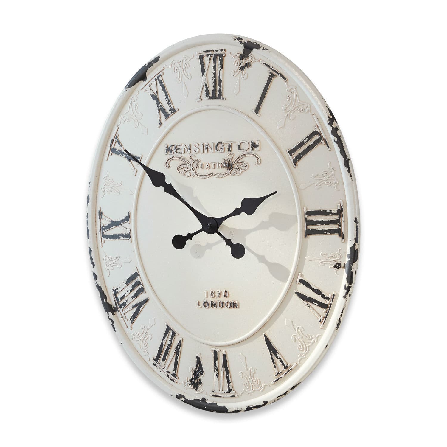 Uhr Soulières Runde Wanduhr aus Metall im Vintage-Stil, weiss mit schwarzen römischen Ziffern und antikem Look