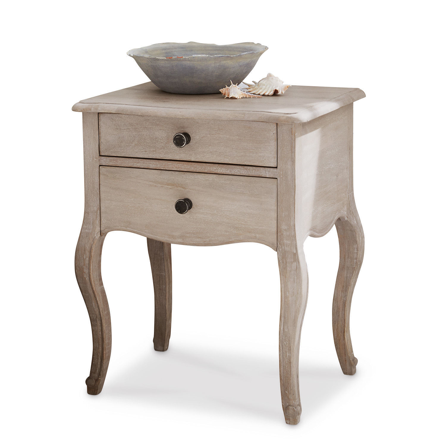 Nachttisch Egri Grauer Nachttisch aus Holz mit zwei Schubladen und geschwungenen Beinen, elegantes Schlafzimmermöbel.