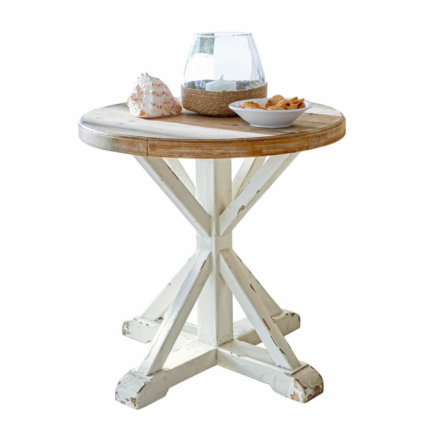 Beistelltisch Frapelle Runder Beistelltisch aus Mangoholz mit weissem Shabby-Chic-Gestell, dekoriert mit Muschel und Kerzenhalter