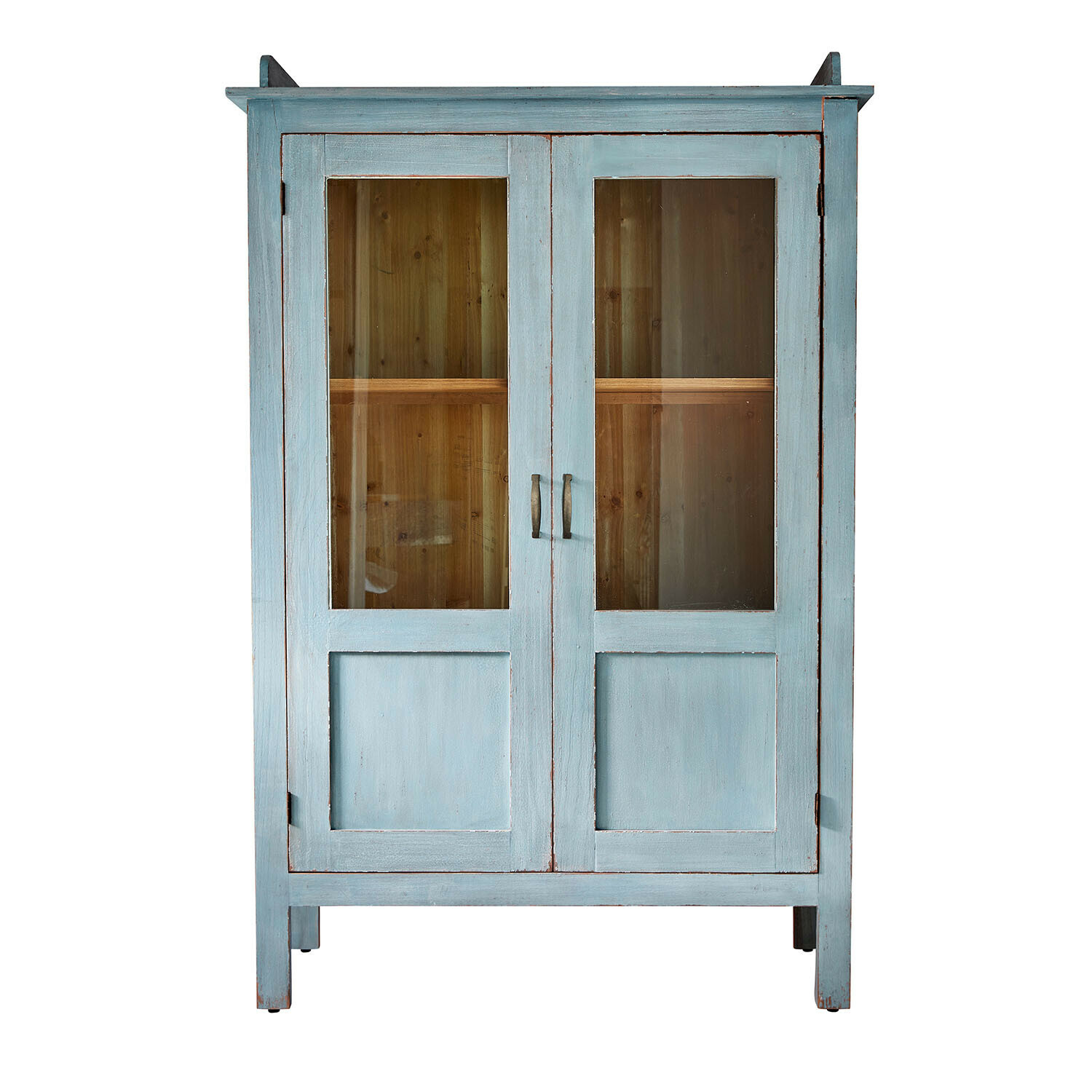 Antikblaue Holzvitrine mit Glastüren und Innenregal zur Aufbewahrung