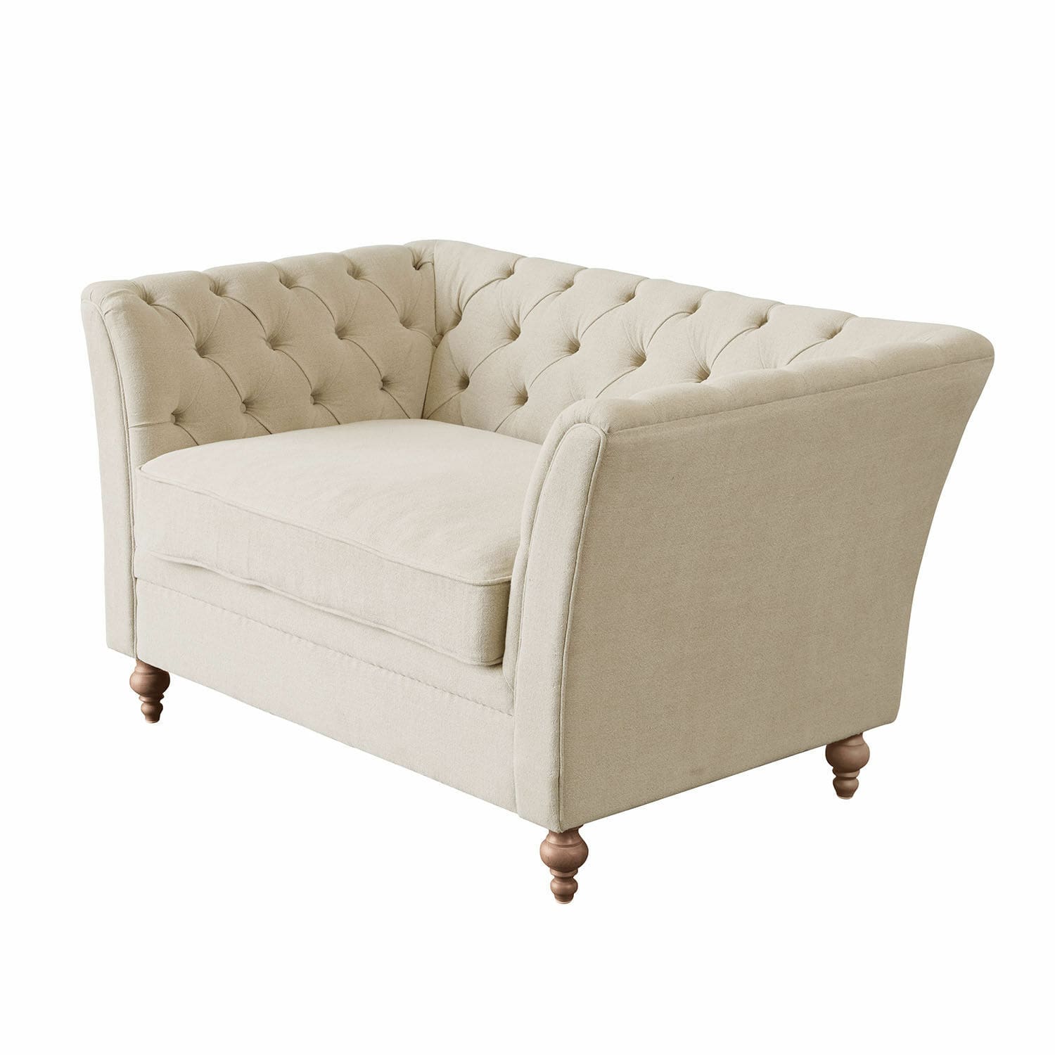 Sofa Clères Beiges Polstersofa mit gesteppter Rückenlehne und gedrechselten Holzbeinen, bequemes Wohnzimmermöbel