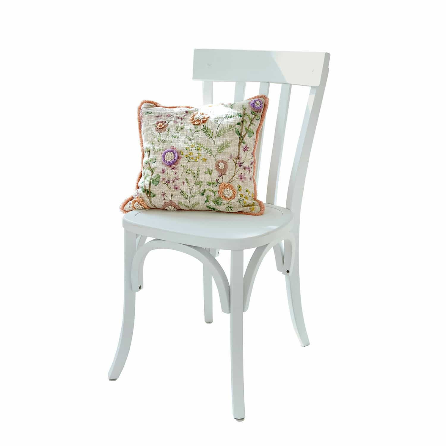 Stuhl Passigny Weisser Holzstuhl mit dekorativem Kissen mit Blumenstickerei in Pastellfarben