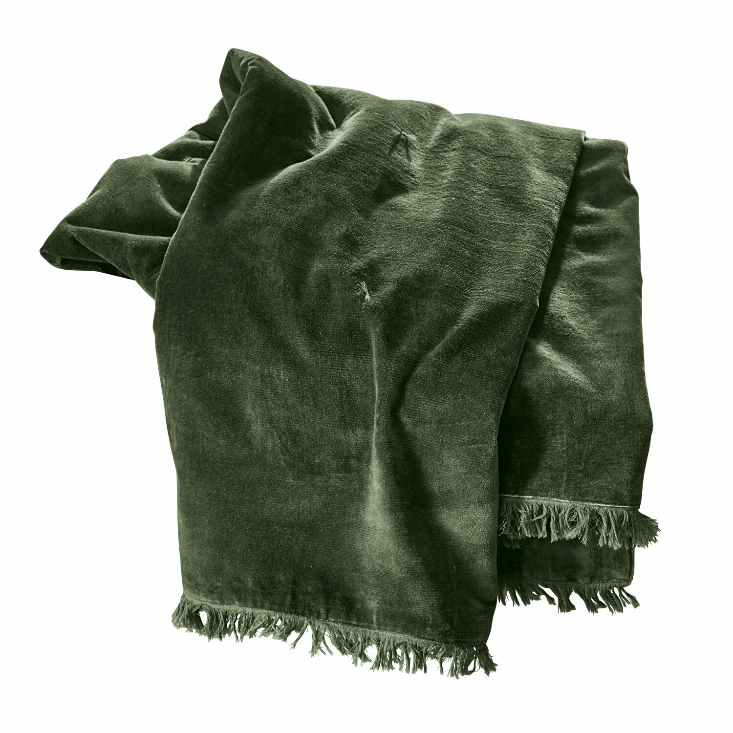 Plaid Maelis Grüne Samtdecke mit Fransen, weiches Material für Wohnkultur und Gemütlichkeit.
