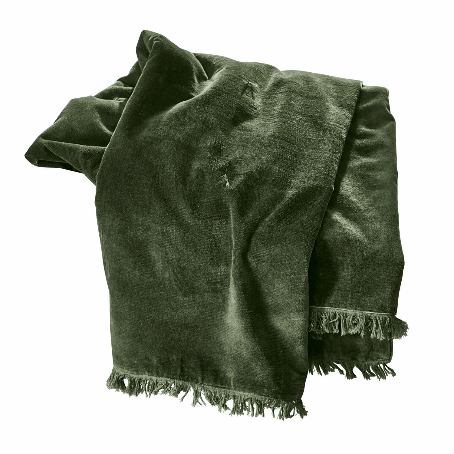 Plaid Maelis Grüne Samtdecke mit Fransen, weiches Material für Wohnkultur und Gemütlichkeit.
