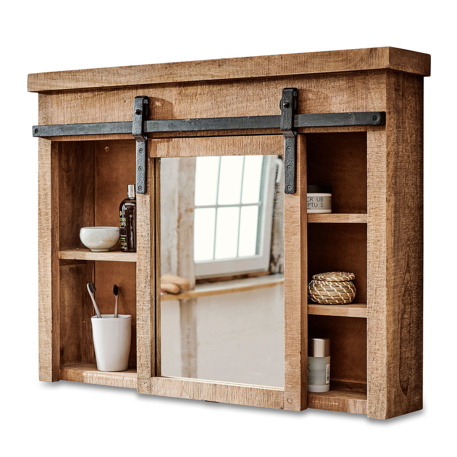 Spiegelschrank Taylors Island Rustikaler Badezimmerschrank aus Holz mit Spiegel und Metallgriff in Naturfarbe