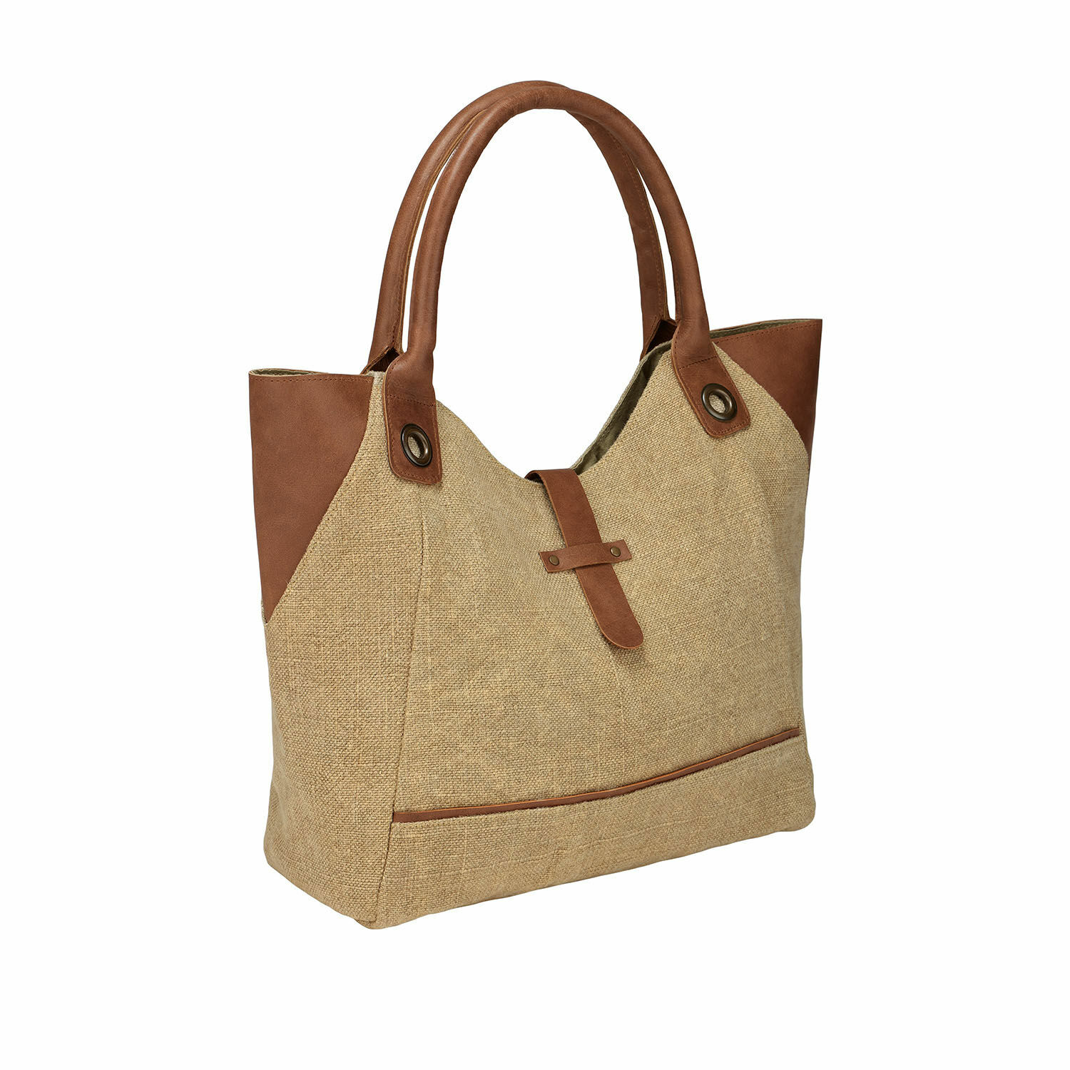 Tasche Valeska Beigetöne Stofftasche mit braunen Kunstlederapplikationen und Griffen, modisches Alltagsaccessoire