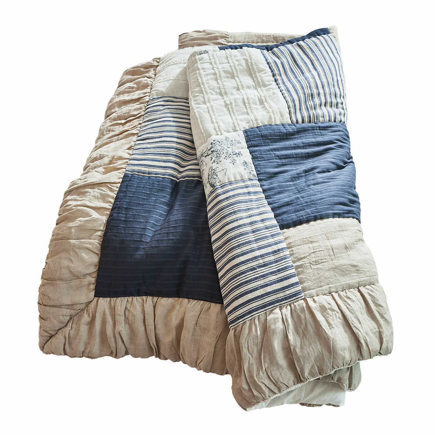 Quilt Felencio Gesteppte Patchwork-Decke aus Baumwolle und Leinen in Beige und Blau, dekorative Bettwäsche