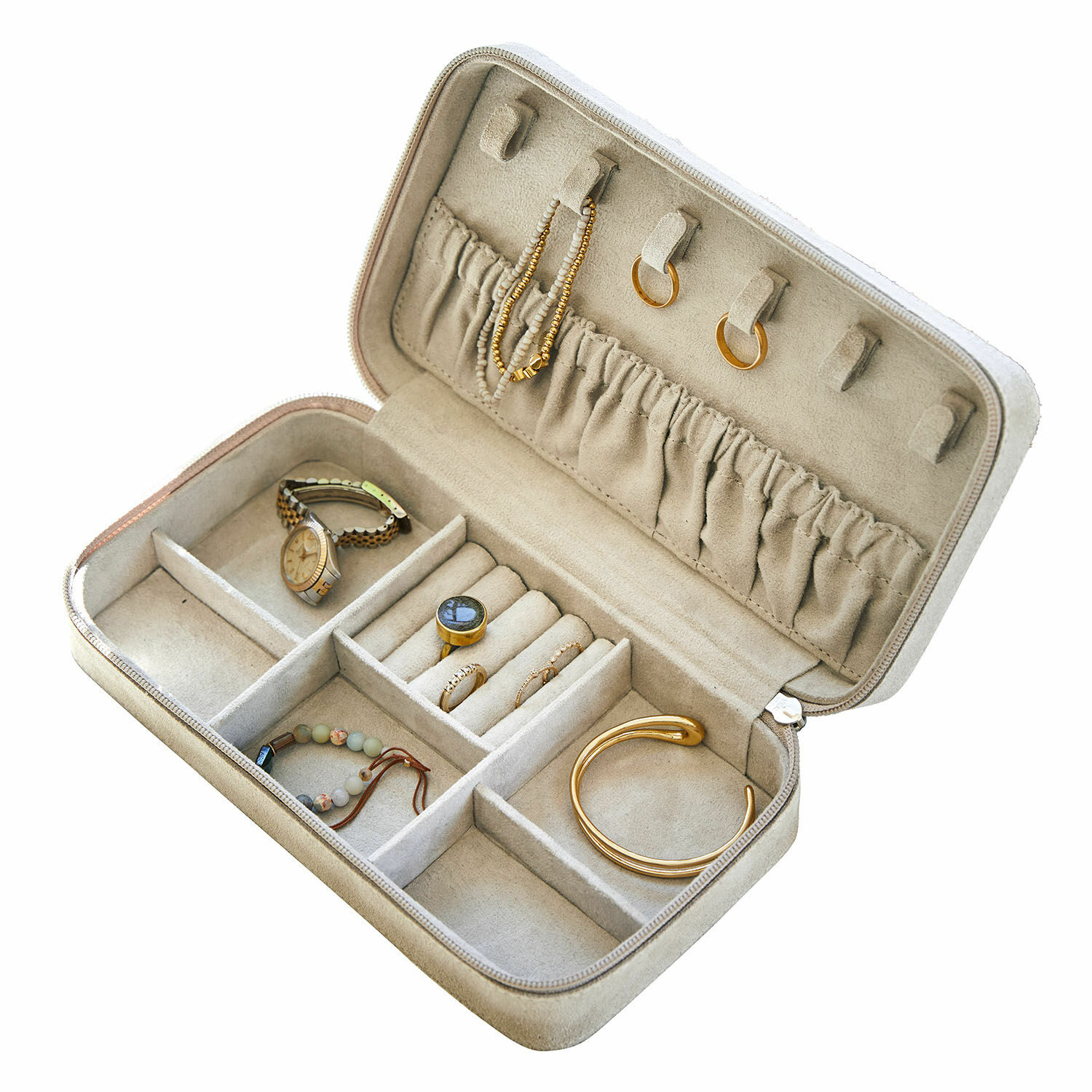 Schmuckkästchen Angelique Beiges Schmucketui aus Wildleder mit Fächern und goldfarbenen Accessoires zur Aufbewahrung von Ringen und Armbändern