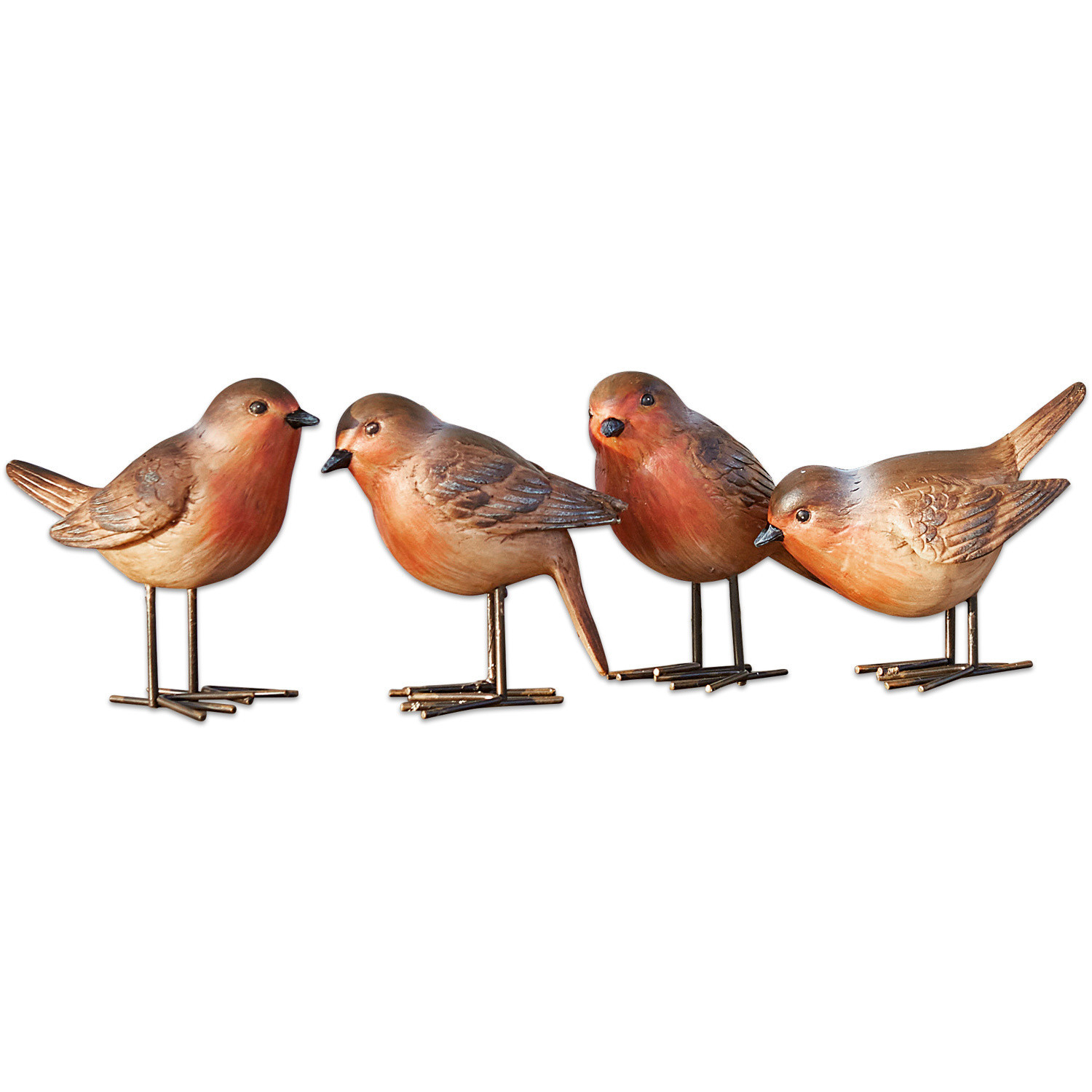 Vogel 4er Set Siblings Set aus vier dekorativen Holzvögeln in braun-orangefarbenen Tönen für Wohn- und Gartendekoration