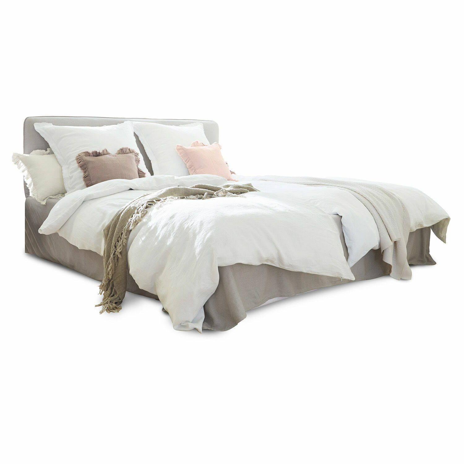 grau Graues Aubrianne-Bett aus Stoff mit weisser Bettwäsche und pastellfarbenen Kissen im Schlafzimmer