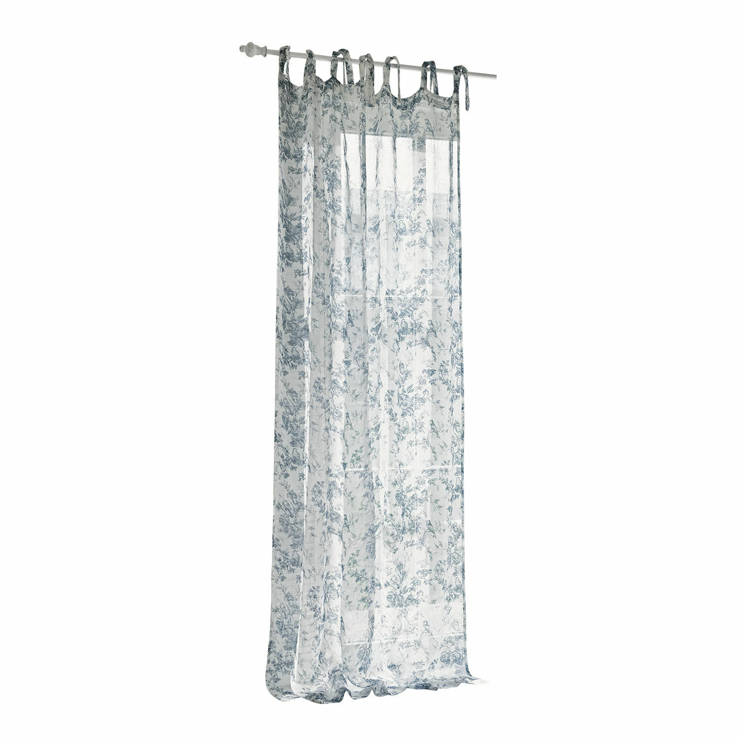 Gardine Emilie Transparenter Vorhang mit blauem Blumenmuster auf weissem Stoff, leichter Dekostoff