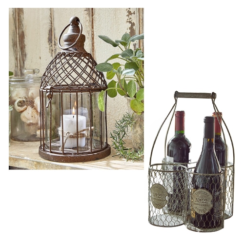 Dekorative Metalllaterne im Vintage-Stil mit brauner Patina und brennender Kerze, Wohnaccessoire