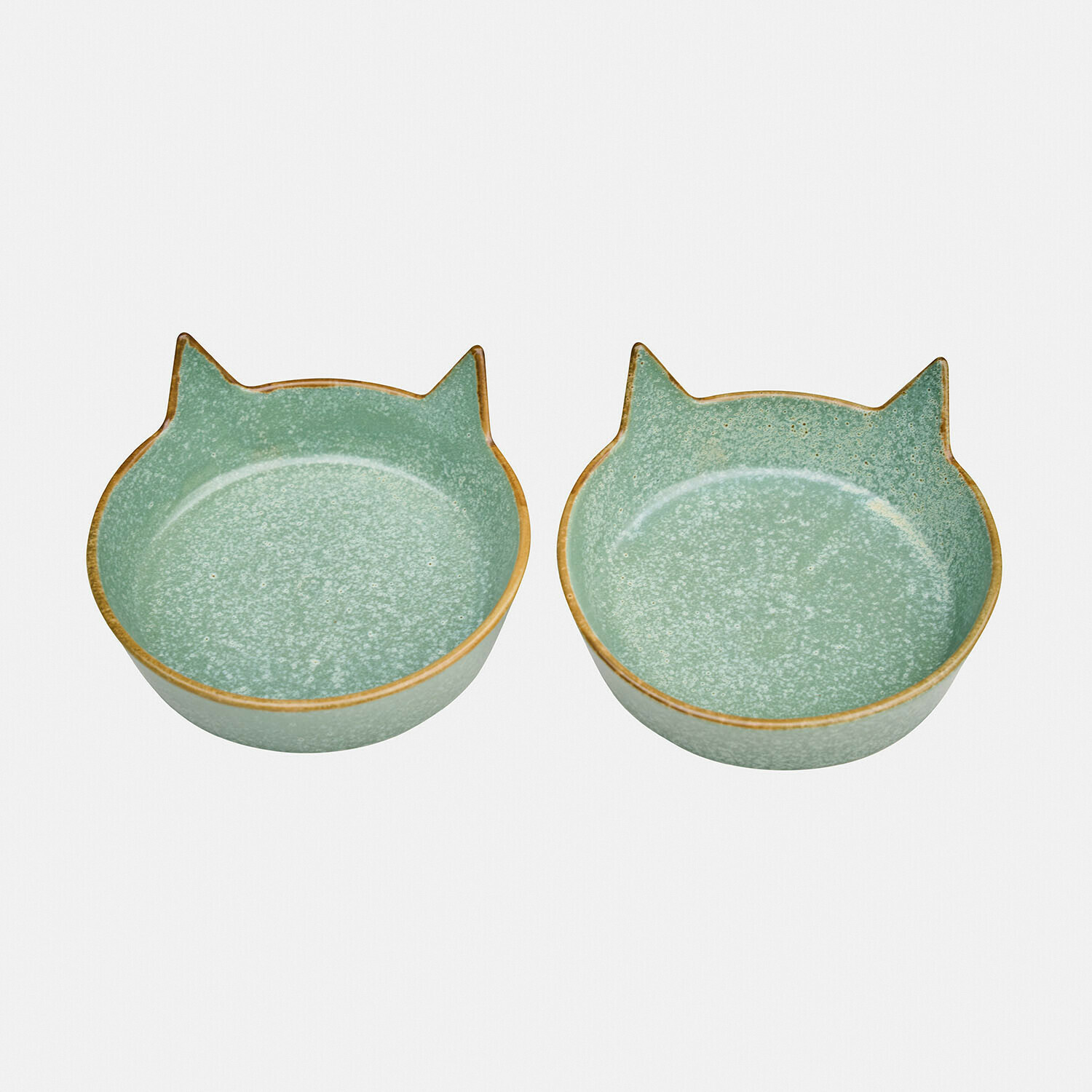 Futternapf 2er Set Biarré Set mit zwei grünen Keramikschalen in Katzenform mit braunem Rand, dekorative Schalen für Zuhause
