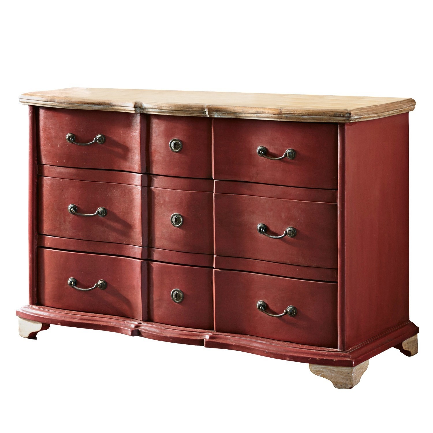rot/braun Kommode Aiguillon aus Holz in Weinrot mit heller Holzplatte, Stauraummöbel fürs Wohnzimmer