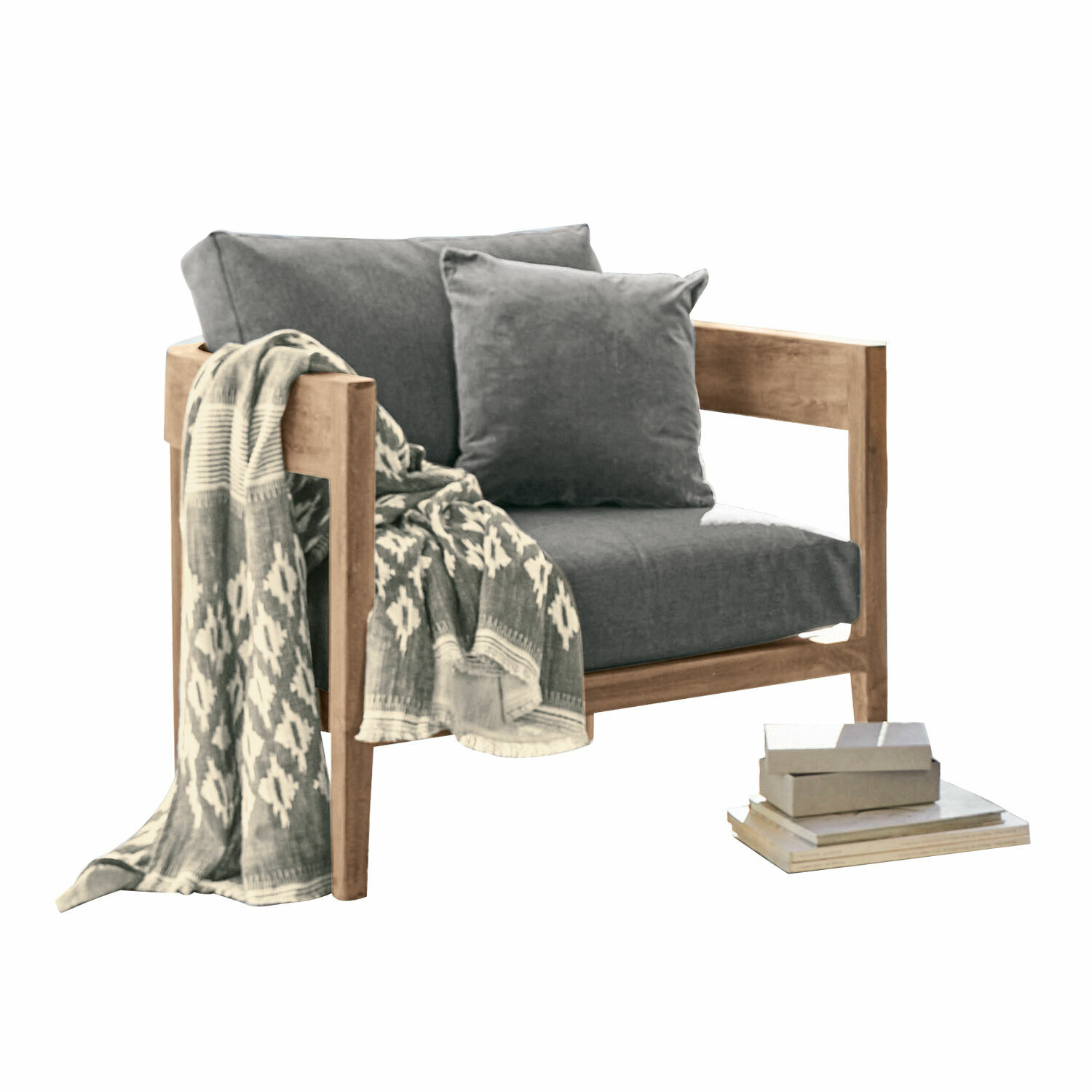 Sessel Courtelevant Sessel mit Holzrahmen und grauem Stoffbezug, dekorative Decke und Kissen inbegriffen