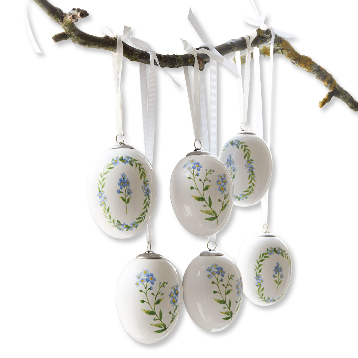 Osterei 6er Set Fierolla Weisse Keramikeier mit blauen Blumen auf Bändern, frühlingshafte Hängedekoration