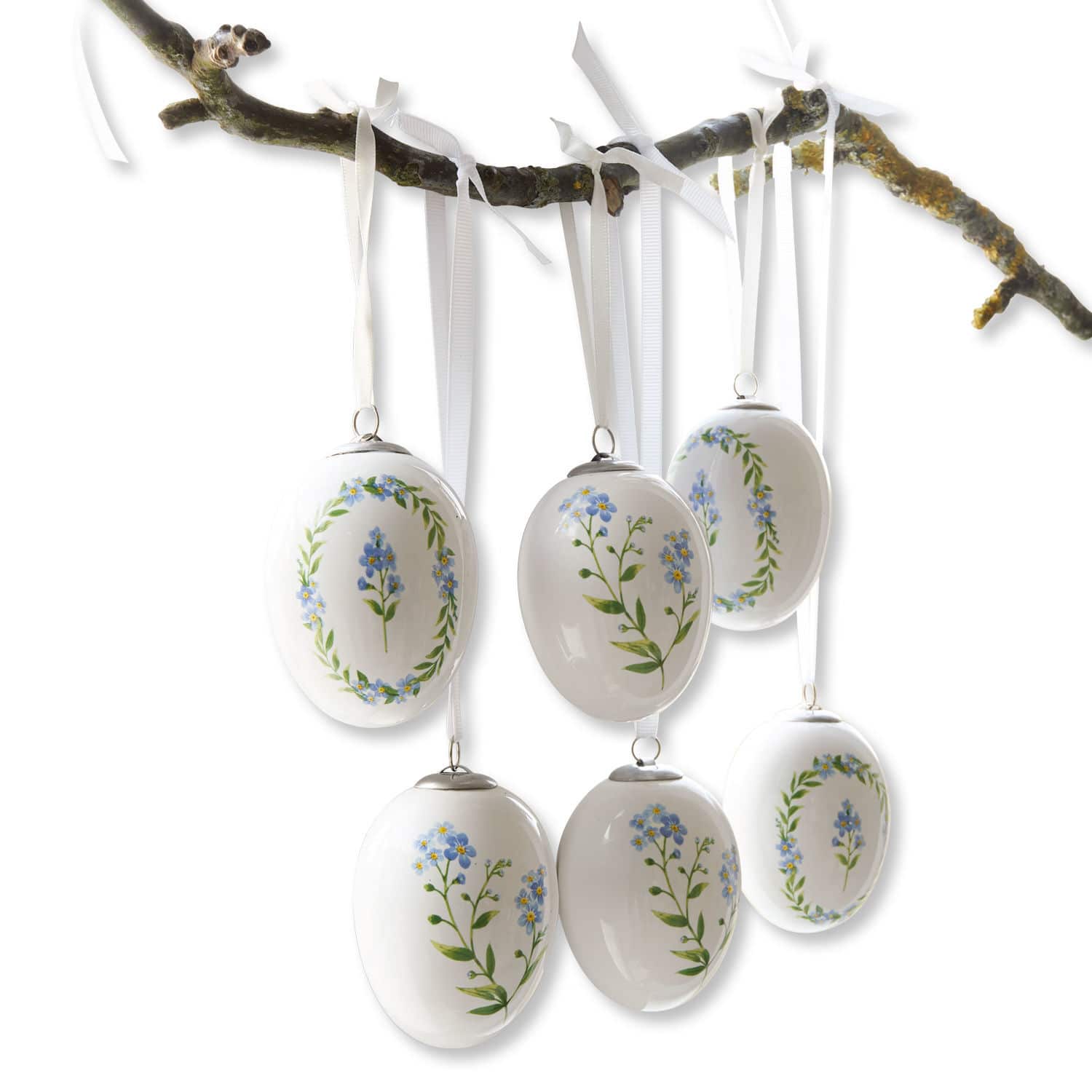 Osterei 6er Set Fierolla Weisse Keramikeier mit blauen Blumen auf Bändern, frühlingshafte Hängedekoration