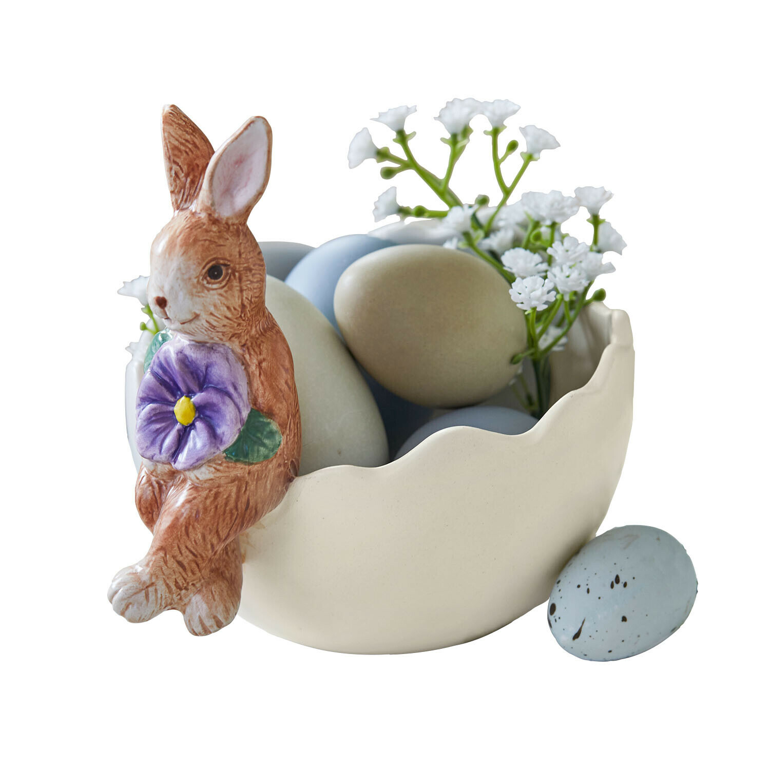 Schale mit Hase Jasélie Keramikschale in Eierschalenform mit Hasenfigur und pastellfarbenen Ostereiern