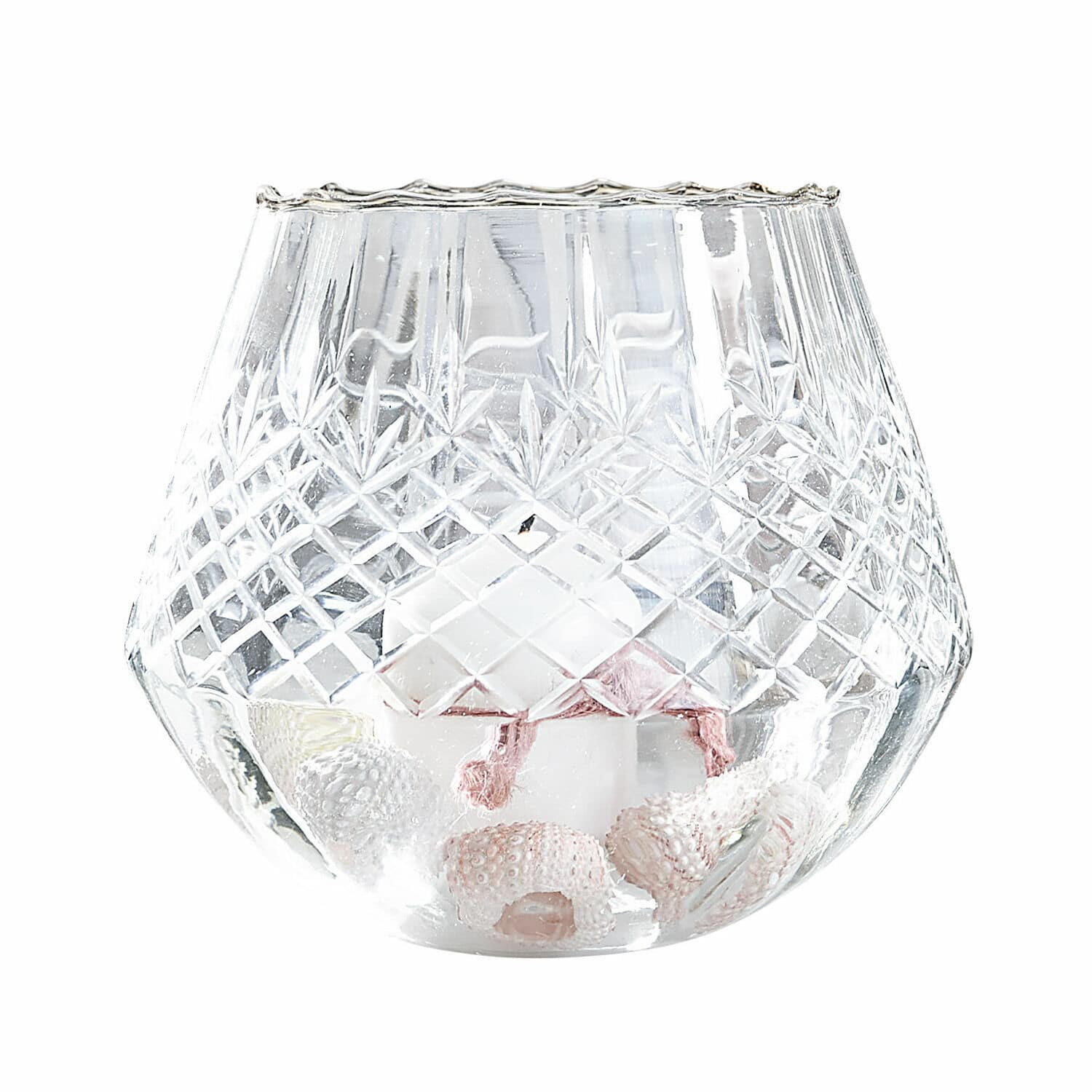 Windlicht Tianie Glas-Teelichthalter mit graviertem Muster, weisser Kerze und Muschel-Dekor im maritimen Stil