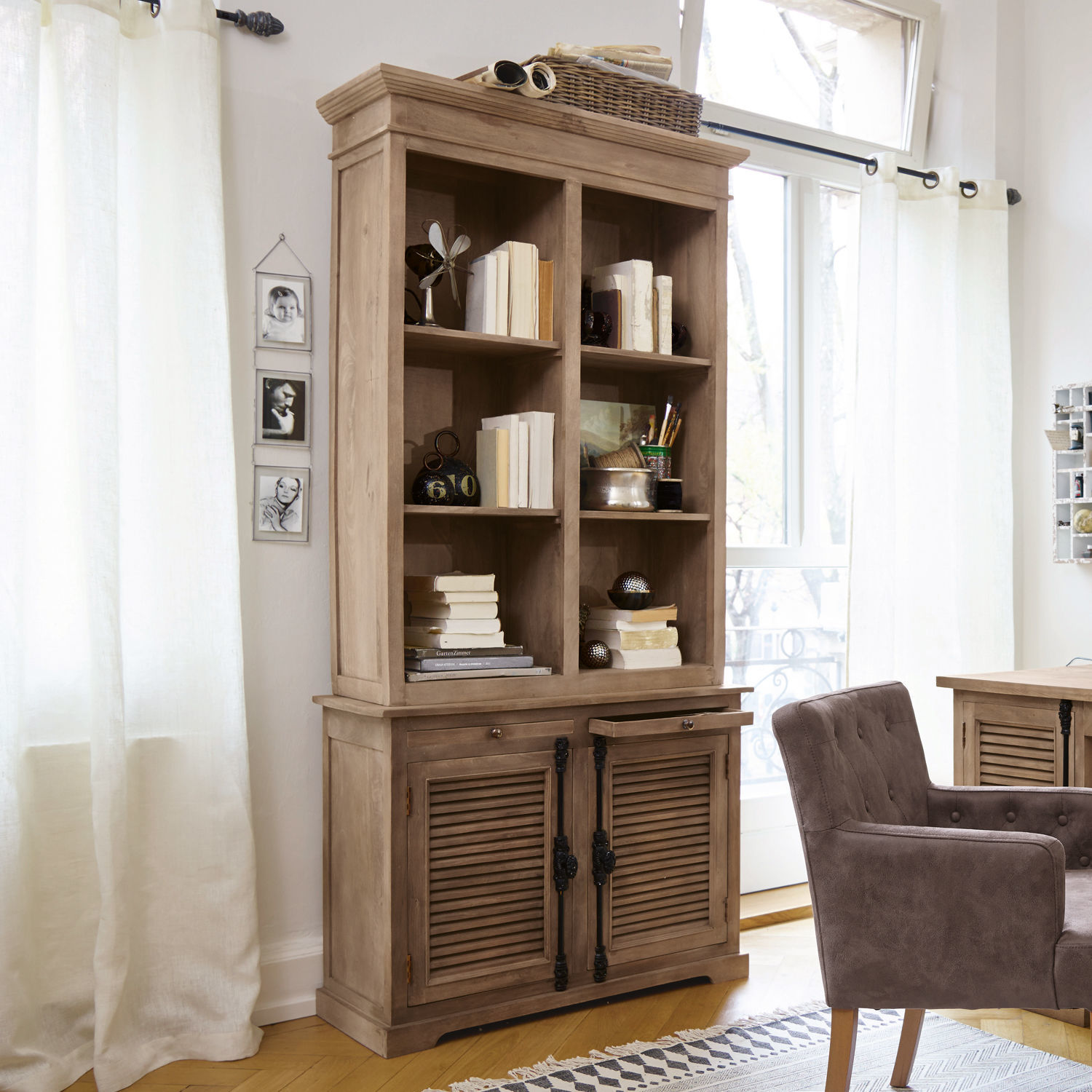 Schrank Woodlawn Holzschrank in Naturfarbe mit Regalen und Schubladen für Wohnzimmer oder Büro