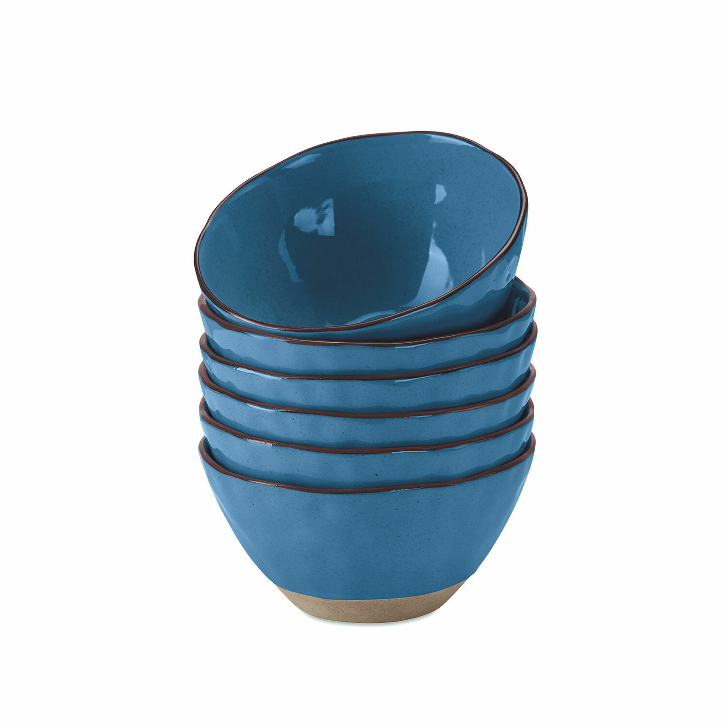 6-teiliges Keramikschüssel-Set Biarritz in Blau mit braunem Rand und natürlichem Boden