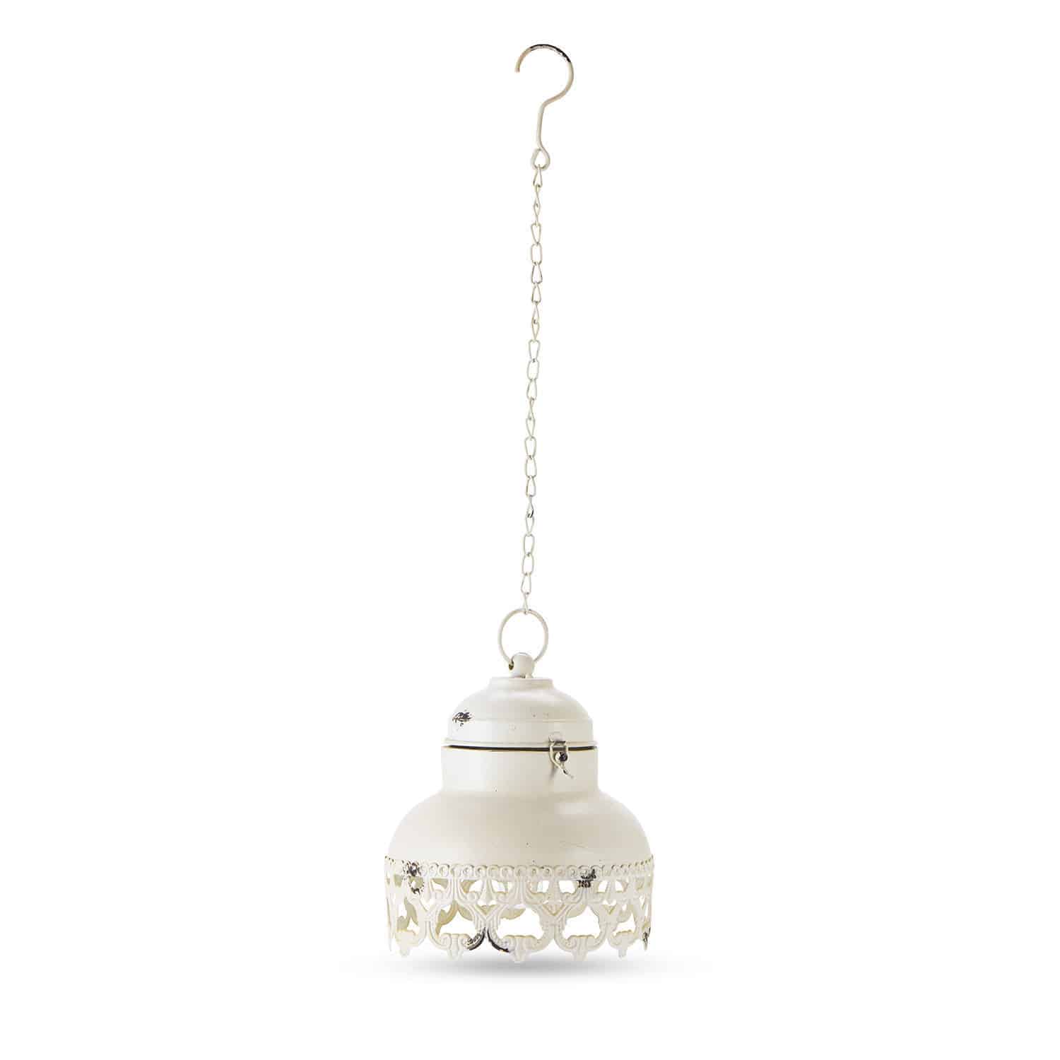 LED-Laterne Cornell Hängende Metalllaterne in Creme mit dekorativem filigranem Muster und Kette