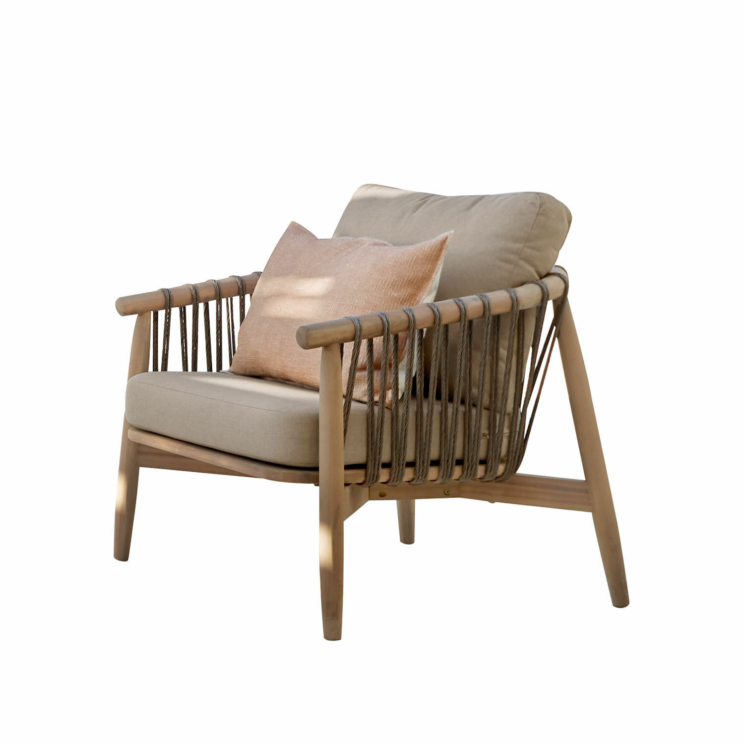 Sessel FSC®-100% Thornwick Sessel aus Holz und Seil mit beigen Kissen, moderne Loungemöbel für das Wohnzimmer