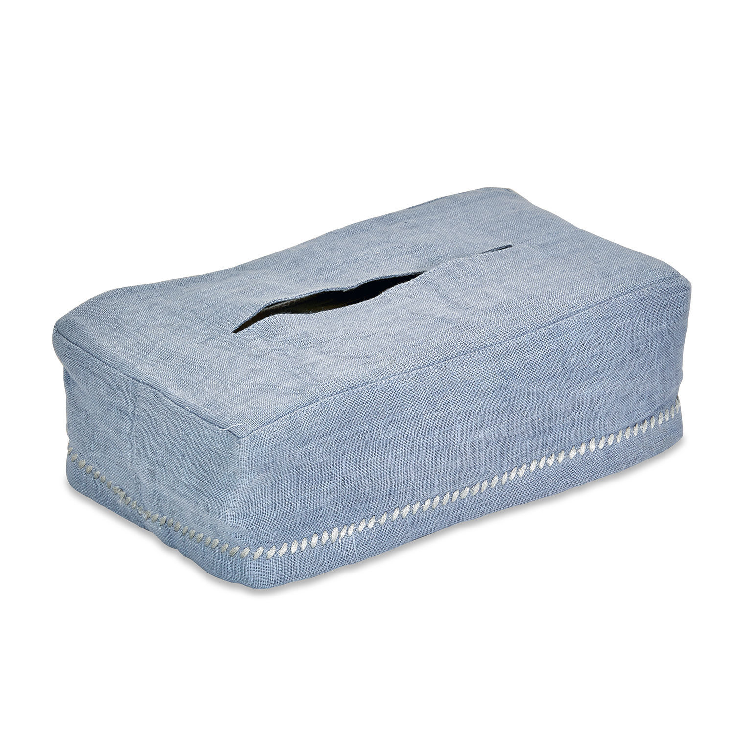 Blaue Leinenhusse für Taschentücherbox mit weisser Ziernaht, dekoratives Wohnaccessoire