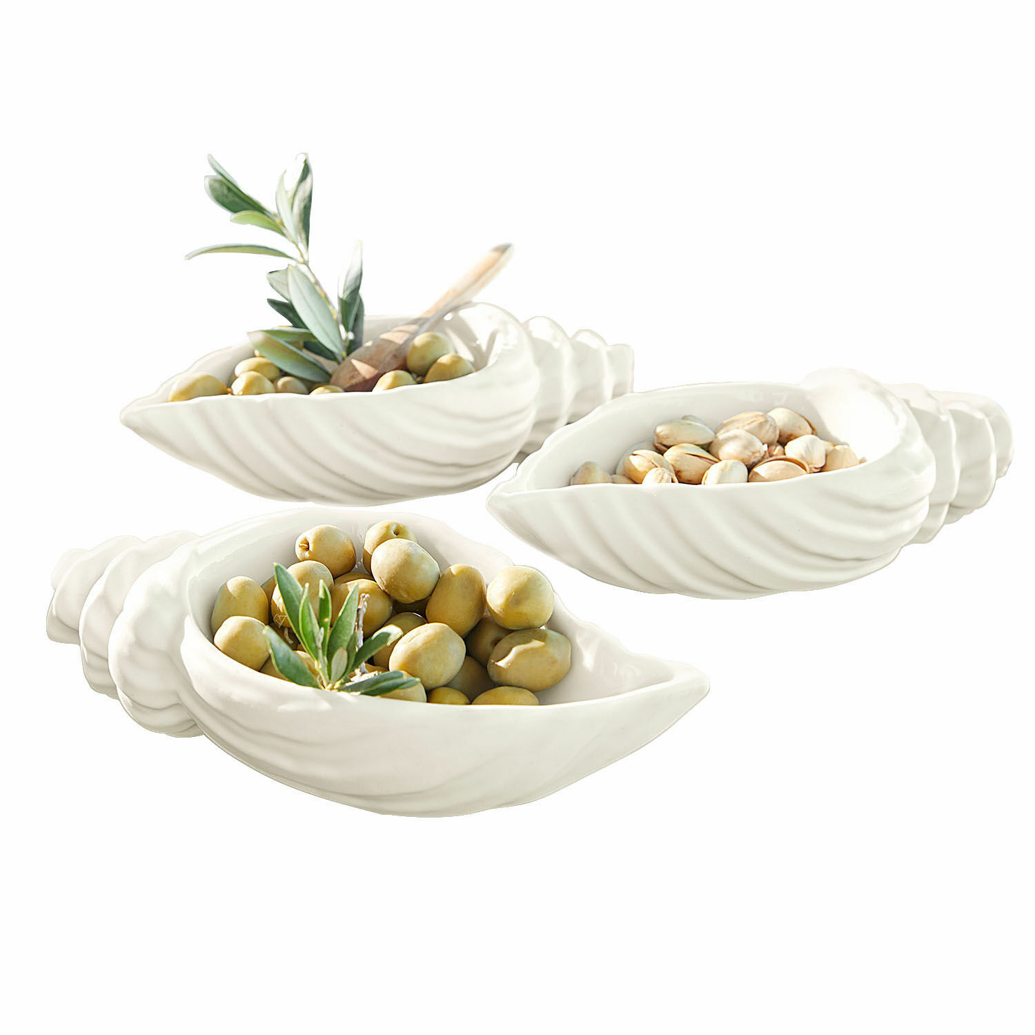 Schale 3er Set Portavin Weisse Keramikschalen in Muschelform mit Oliven und Nüssen, elegante Tischdekoration