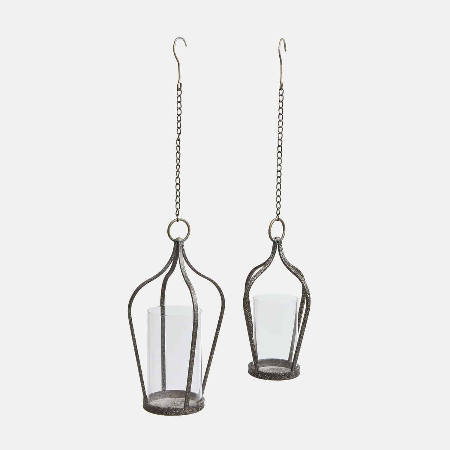 Hängelaterne 2er Set Mikella Hängender Metall-Lampion in Schwarz mit klarem Glas und weisser Kerze für Wohnraumdeko