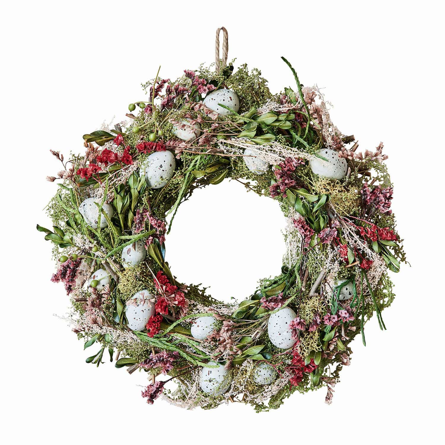 Kranz Kolton Dekorativer Kranz aus grünen Blättern, roten Blumen und weissen Eiern für Frühlingsdekoration