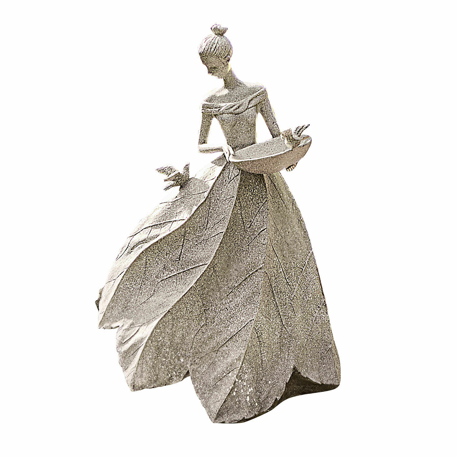 Skulptur Sullon Figur einer Frau mit Blätterkleid, Schale und Vögeln aus grauem Stein als Gartendekoration