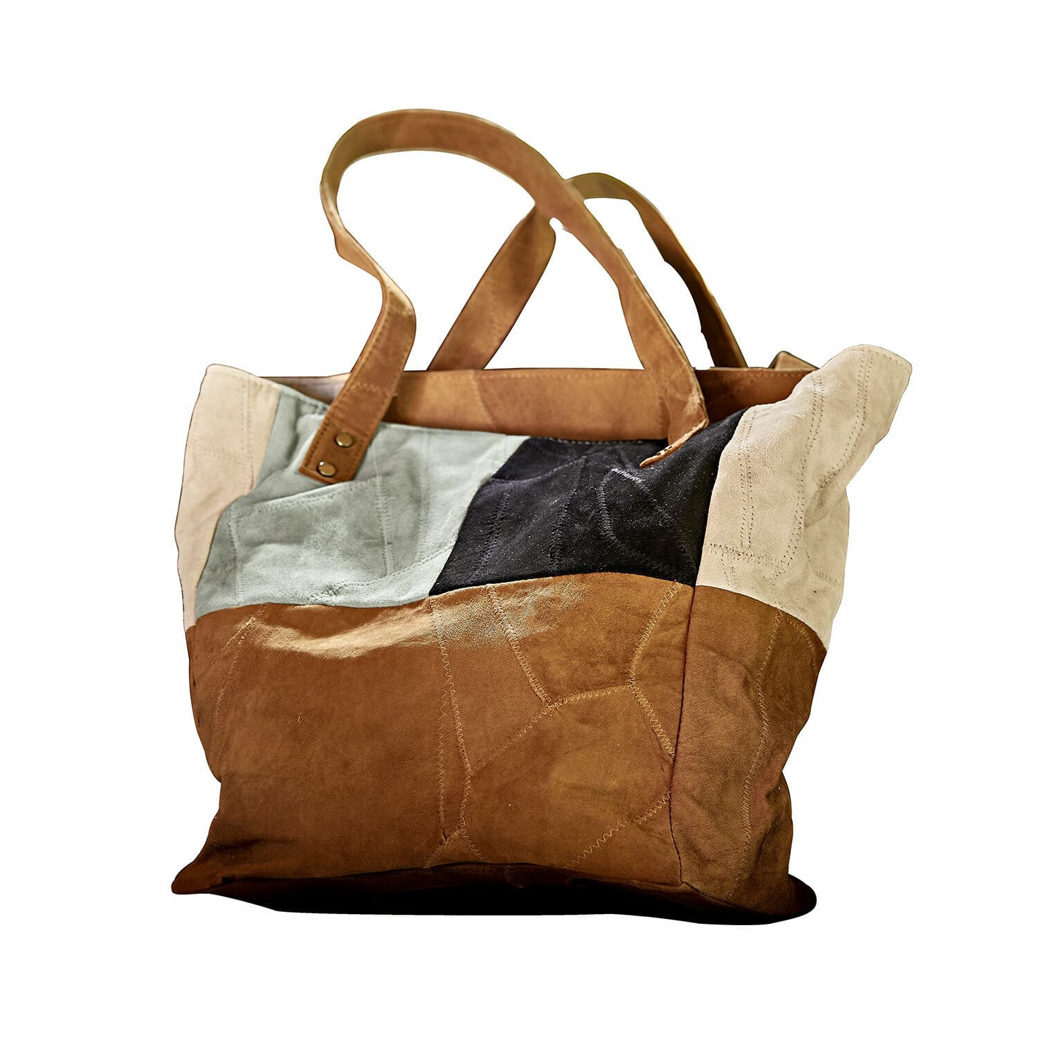 Tasche Quinvelle Patchwork-Tasche aus Wildleder in Braun- und Beigetönen mit naturfarbenen Ledergriffen