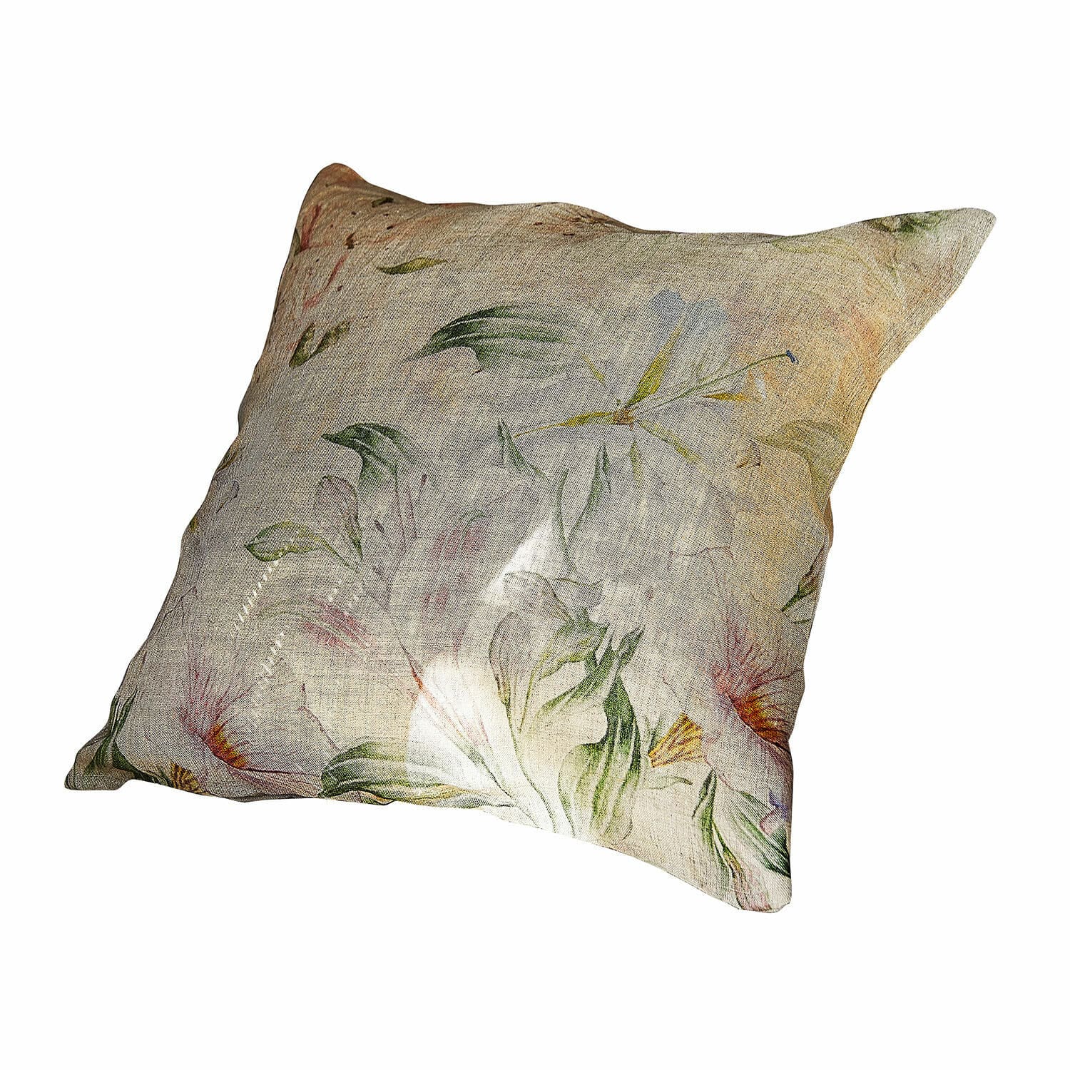 Dekoratives Leinenkissen in Beige mit zartem Blumenmuster für ein gemütliches Wohnzimmer