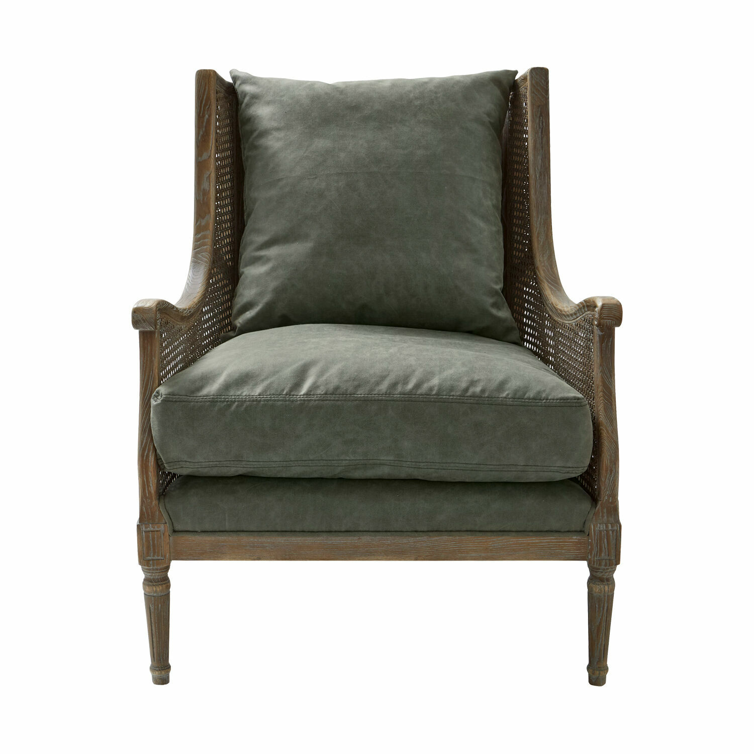 antikbraun/grün Greenbrier-Sessel mit grauem Stoffbezug und Holzrahmen mit durchbrochenen Seitenteilen, Vintage-Stil
