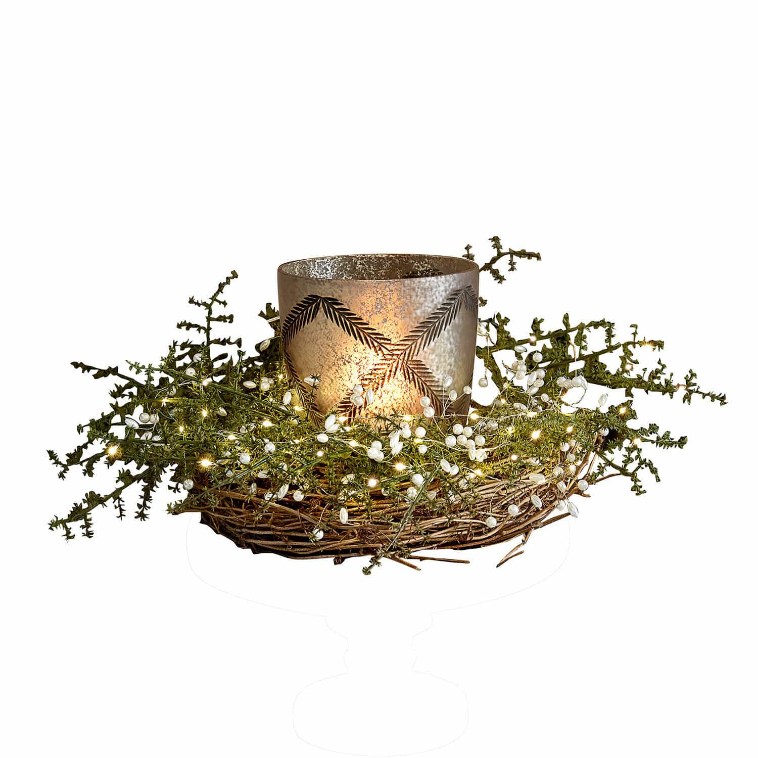 Kranz Helvique Glas-Teelichthalter mit Blattmotiv auf einem Weidenkranz mit grünen Zweigen und weissen Beeren