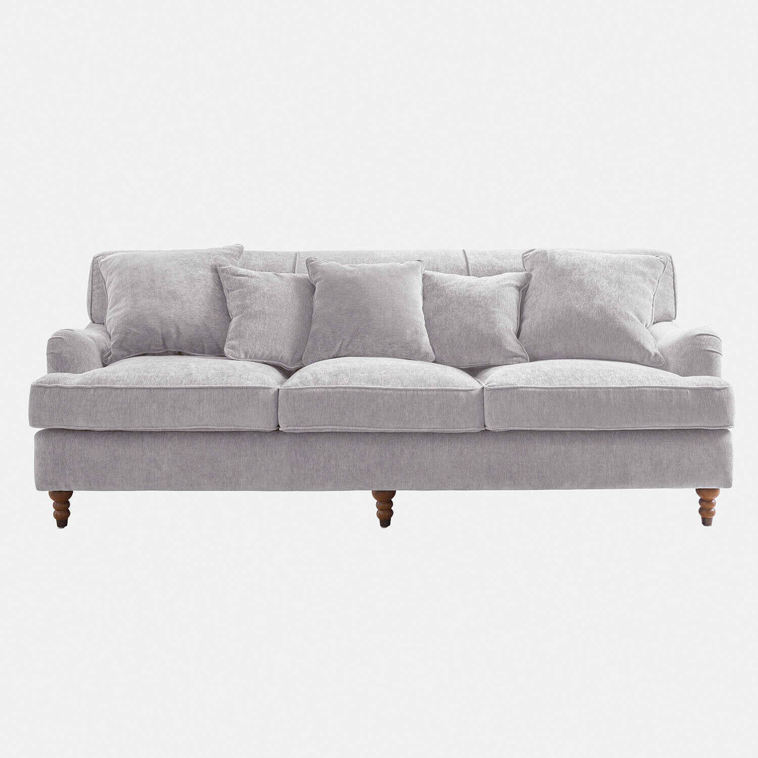 grau Sofa Isa in grauem Bezug mit weichen Kissen und gedrechselten Holzbeinen für das Wohnzimmer