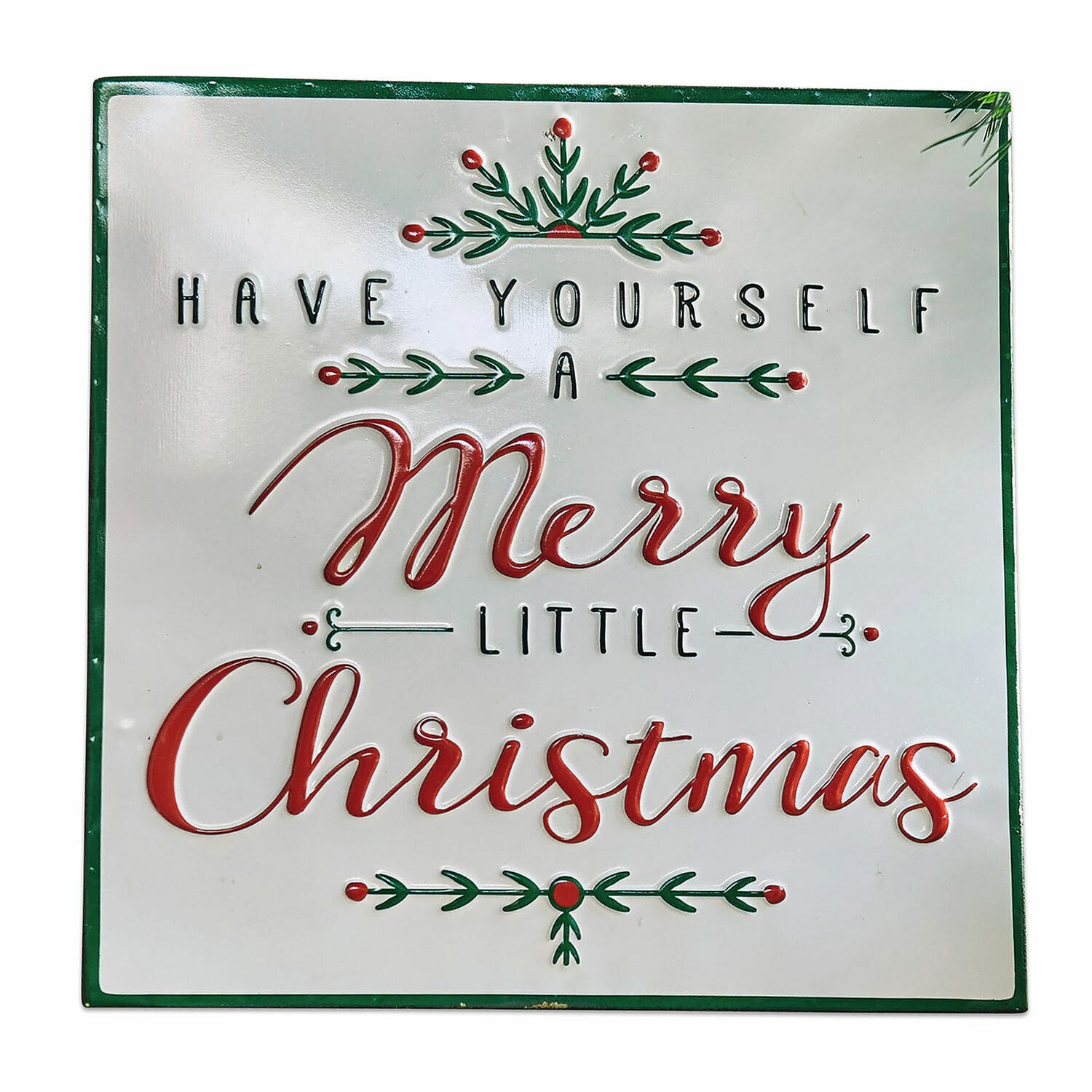 Deko-Schild Merry Merry Metall-Weihnachtsdekoration mit Schriftzug Merry Christmas in Rot und Grün auf weissem Hintergrund