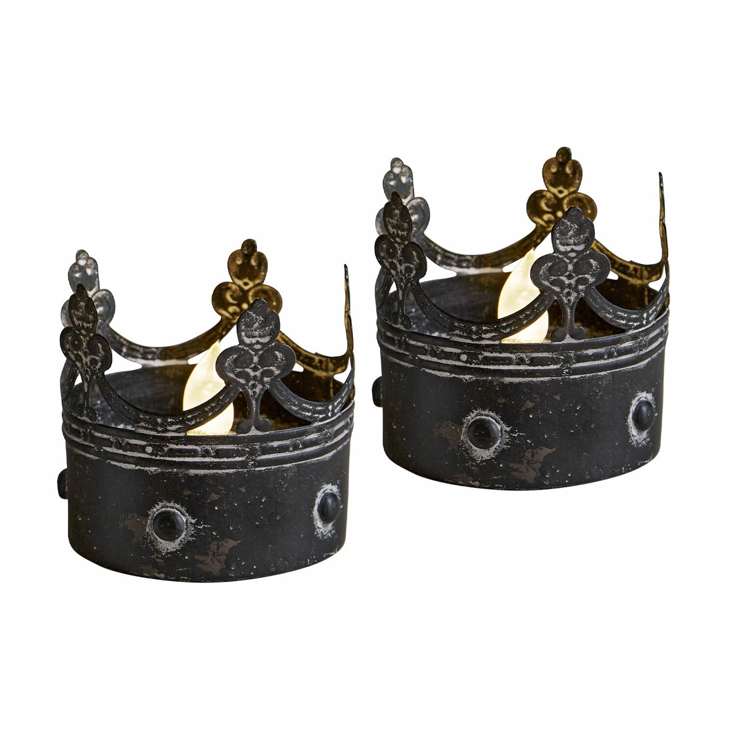 2er-Set LED-Windlichter aus Metall in antikschwarz, Kronenform, für stimmungsvolle Beleuchtung