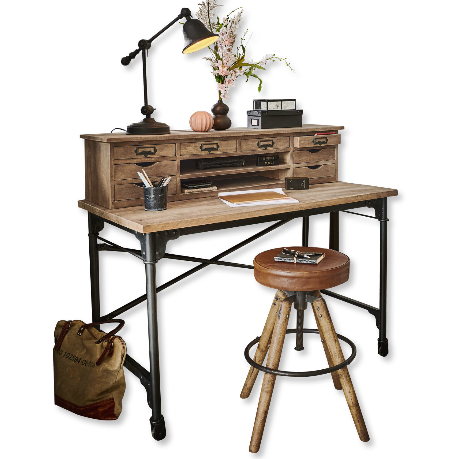 Schreibtisch Leognan Schreibtisch aus Holz und Metall mit vielen Schubladen und braunem Lederhocker mit Holzbeinen