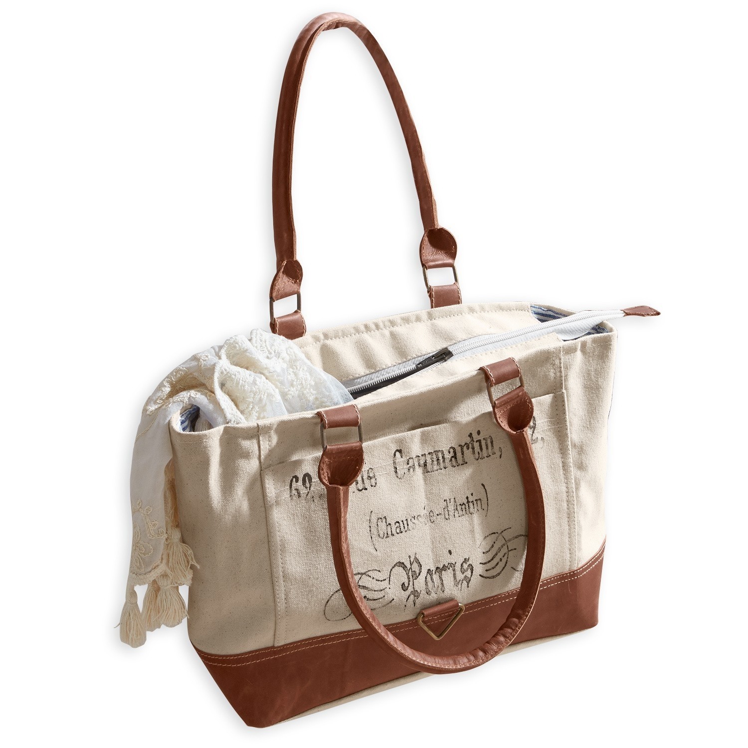 Tasche Linna Beige Stofftasche mit braunen Ledergriffen und Vintage-Aufdruck für einen lässigen Look