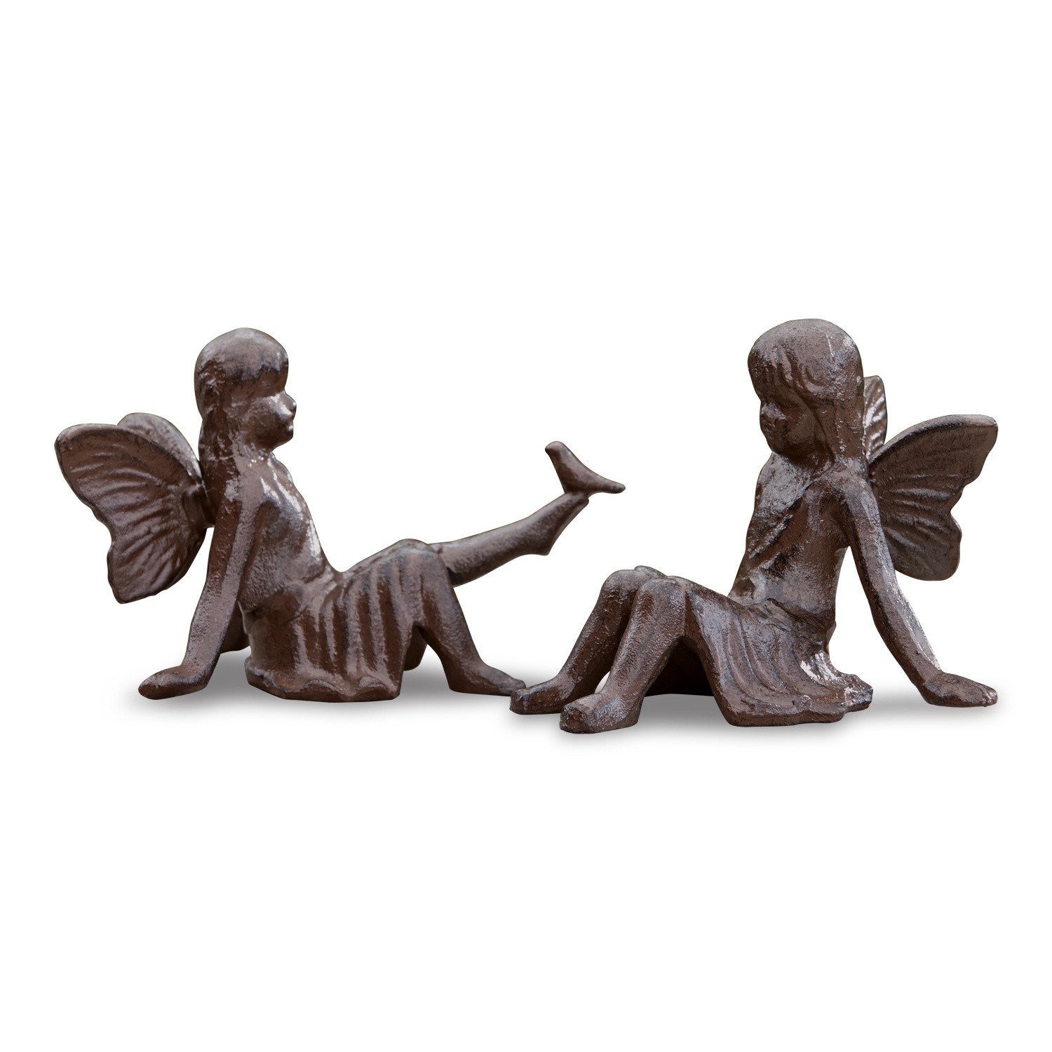 Deko-Figur 2er Set Papille Zwei braune Metall-Feenfiguren in sitzender Position als Gartendekoration