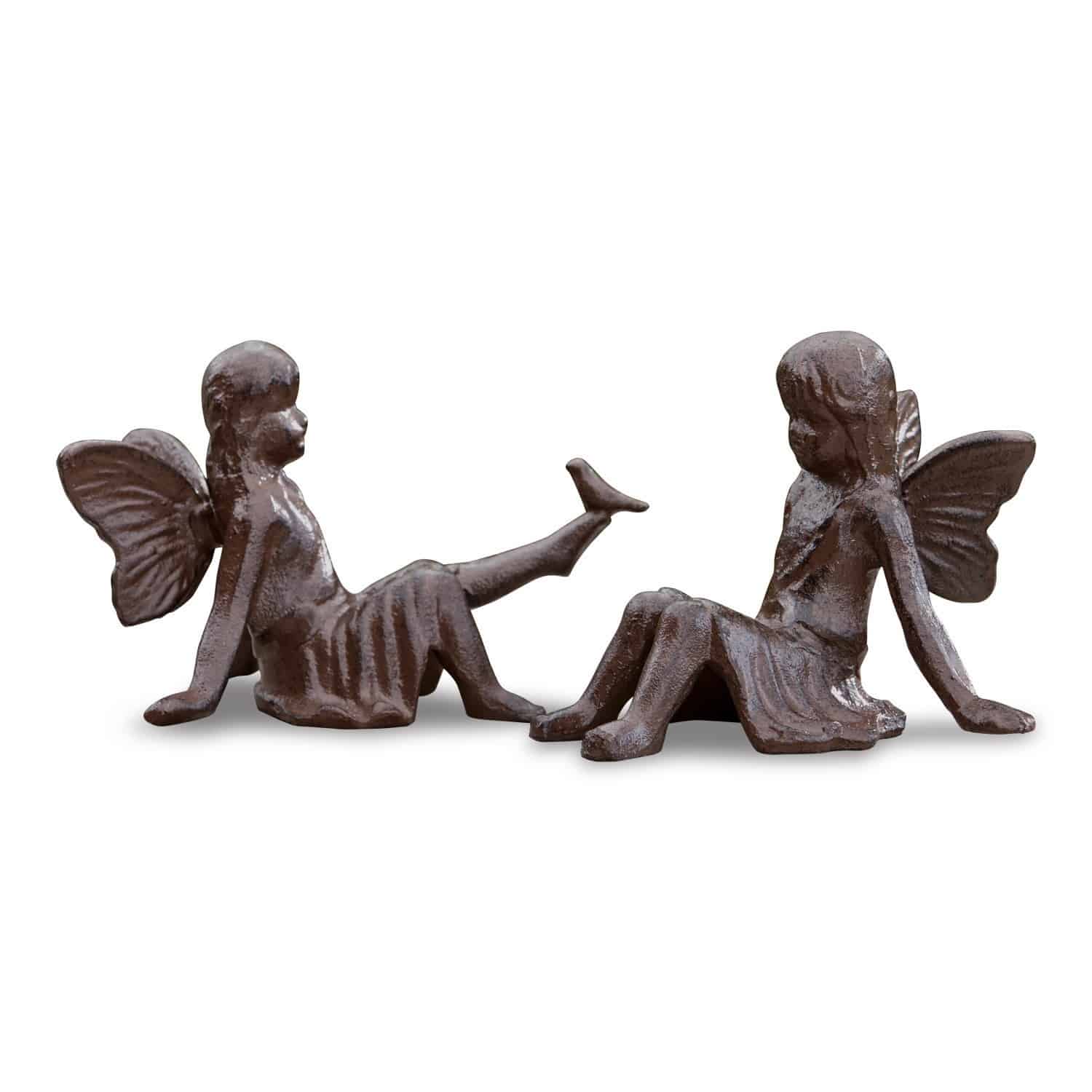 Deko-Figur 2er Set Papille Zwei braune Metall-Feenfiguren in sitzender Position als Gartendekoration