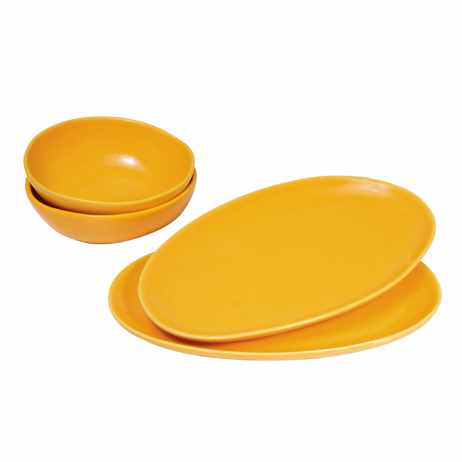 Gelbes 4-teiliges Keramikgeschirr-Set mit Tellern und Schalen für den täglichen Gebrauch