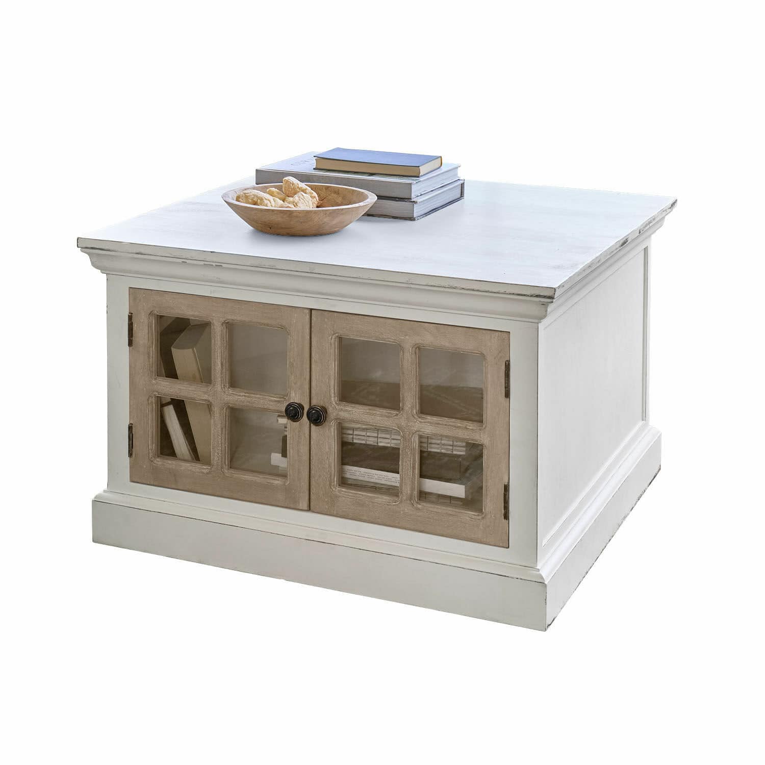 Couchtisch Marshwood Quadratischer weisser Holztisch mit Glastüren und dekorativer Schale auf Büchern